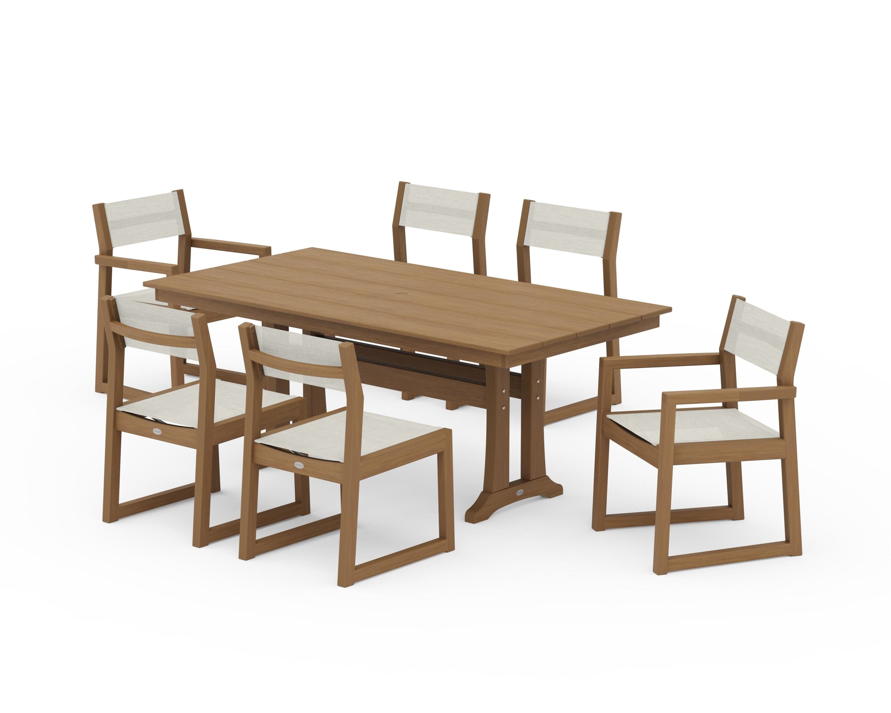 POLYWOOD EDGE Sling 7-Piece Farmhouse Trestle Dining Set in Natural / Parchment Sling