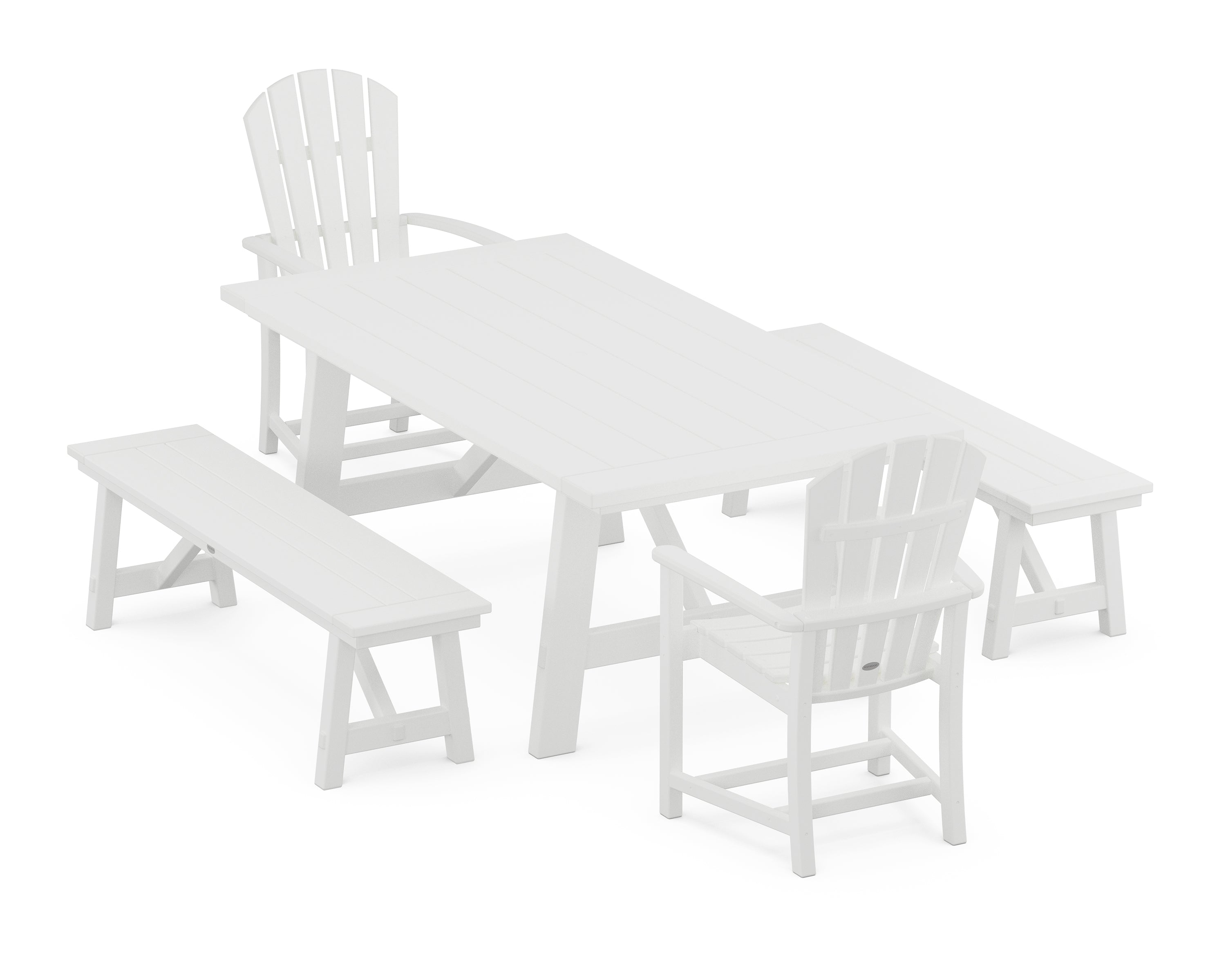POLYWOOD Palm Coast 5-Piece Rustic Farmhouse Dining Set With Benches in White