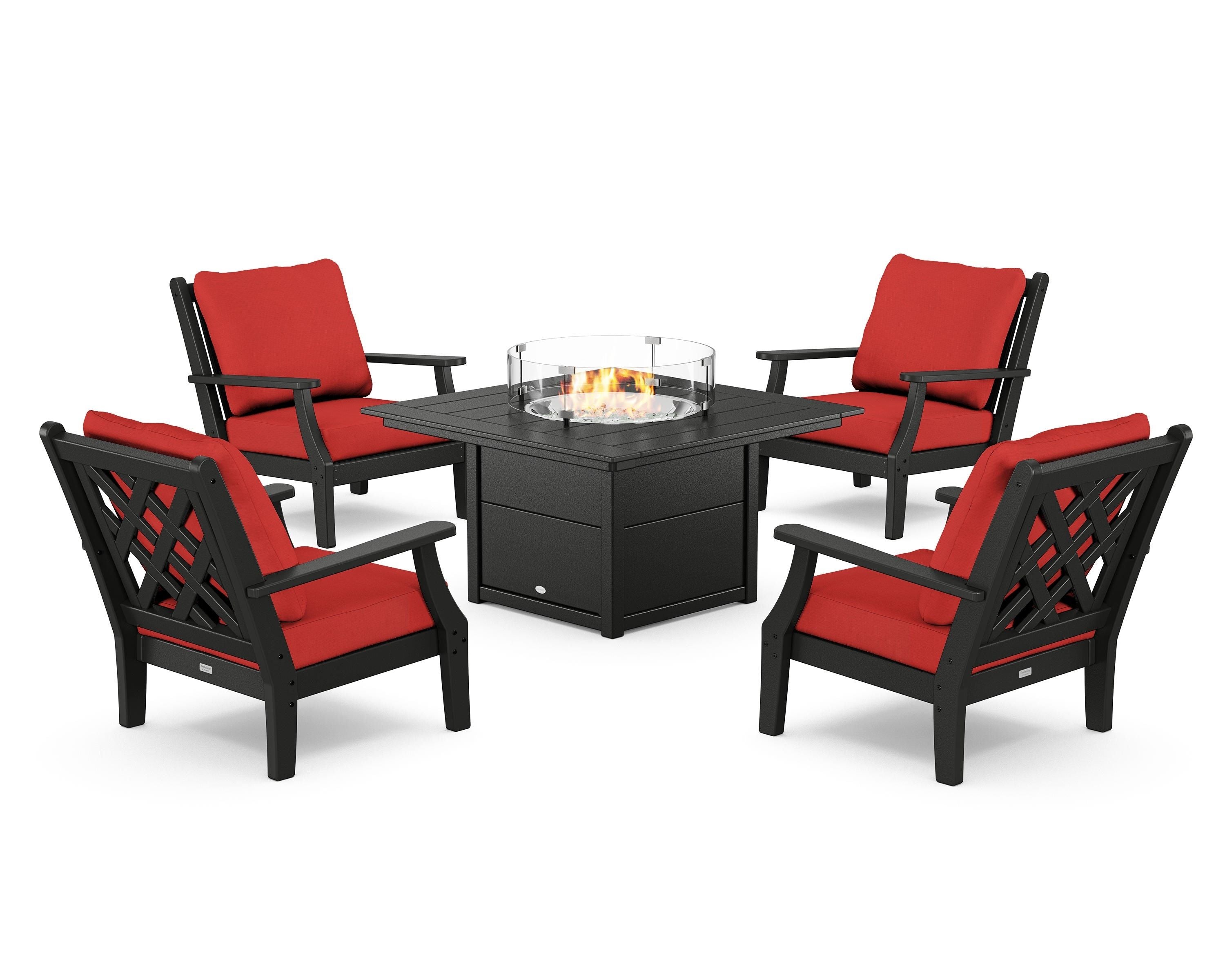 Country Living Wovendale 5-Piece Deep Seating Set with Fire Pit Table in Black / Crimson Linen