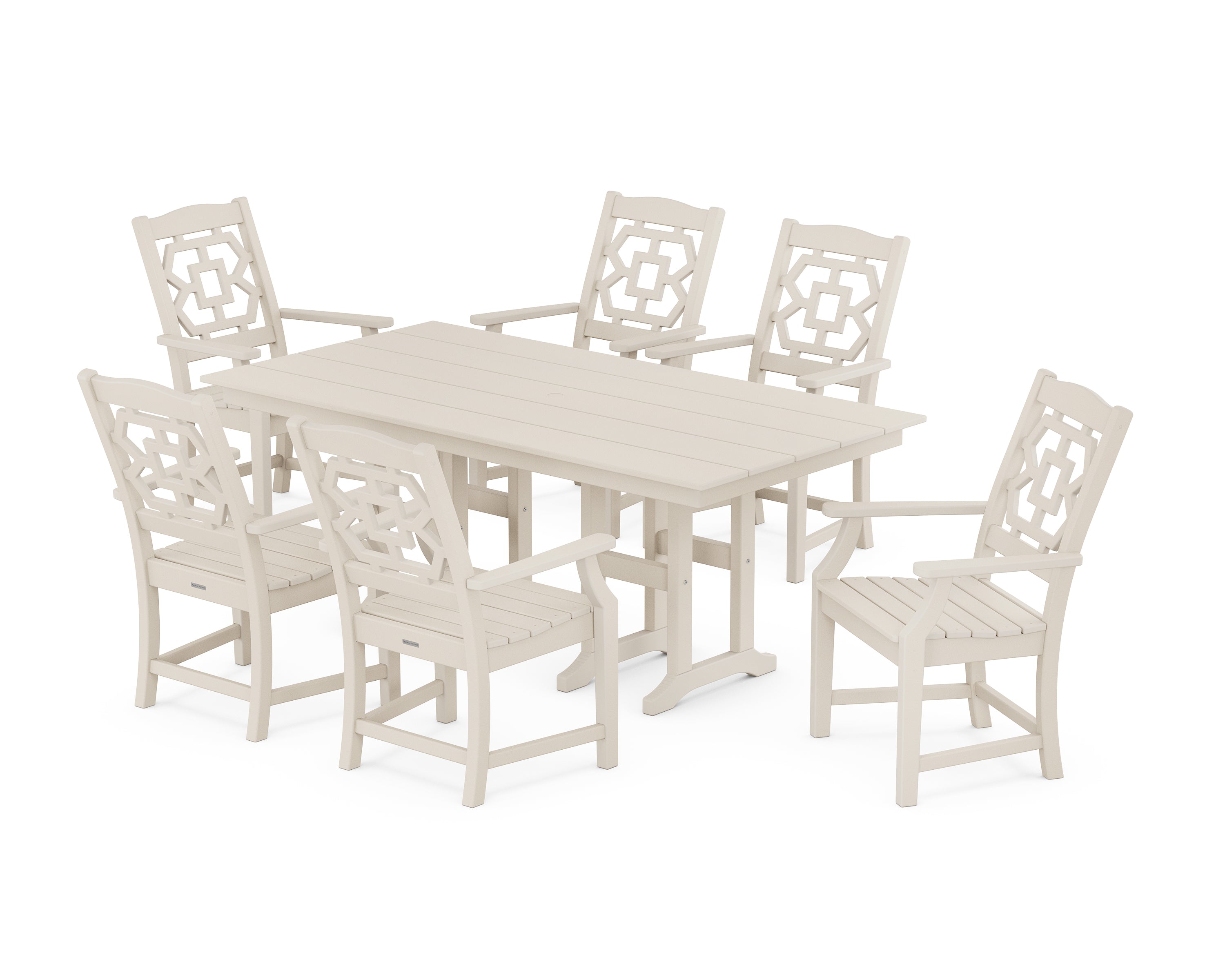 Martha Stewart by POLYWOOD Chinoiserie Arm Chair 7-Piece Farmhouse Dining Set in Sand