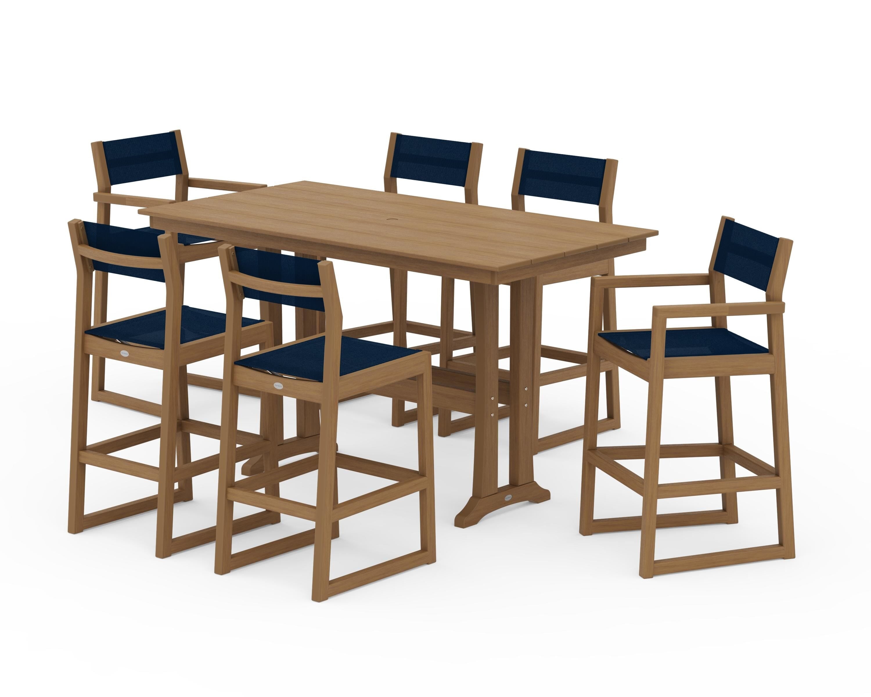 POLYWOOD EDGE Sling 7-Piece Farmhouse Bar Set with Trestle Legs in Natural / Navy Blue Sling