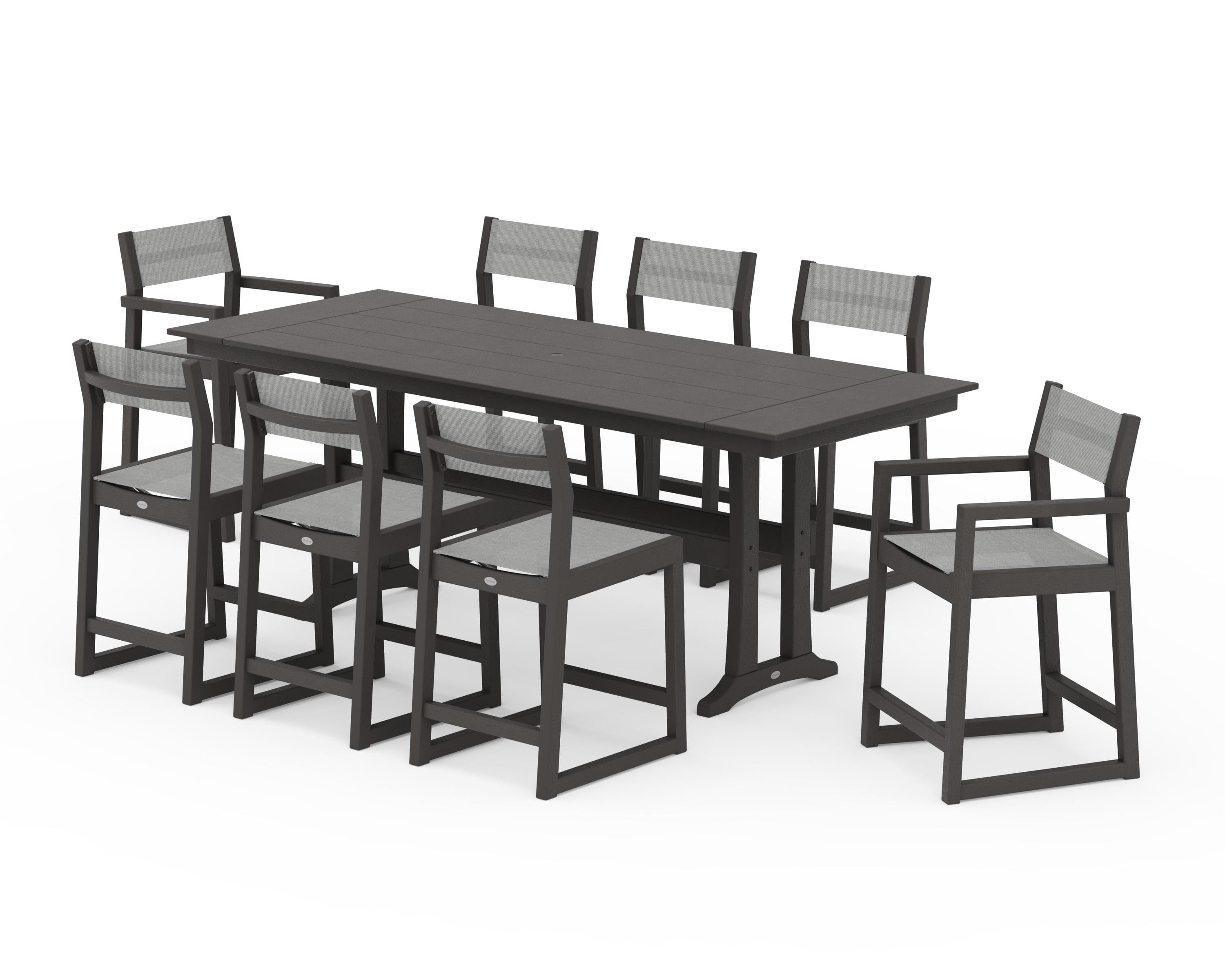 POLYWOOD EDGE Sling 9-Piece Farmhouse Counter Set with Trestle Legs in Vintage Coffee / Metallic Sling