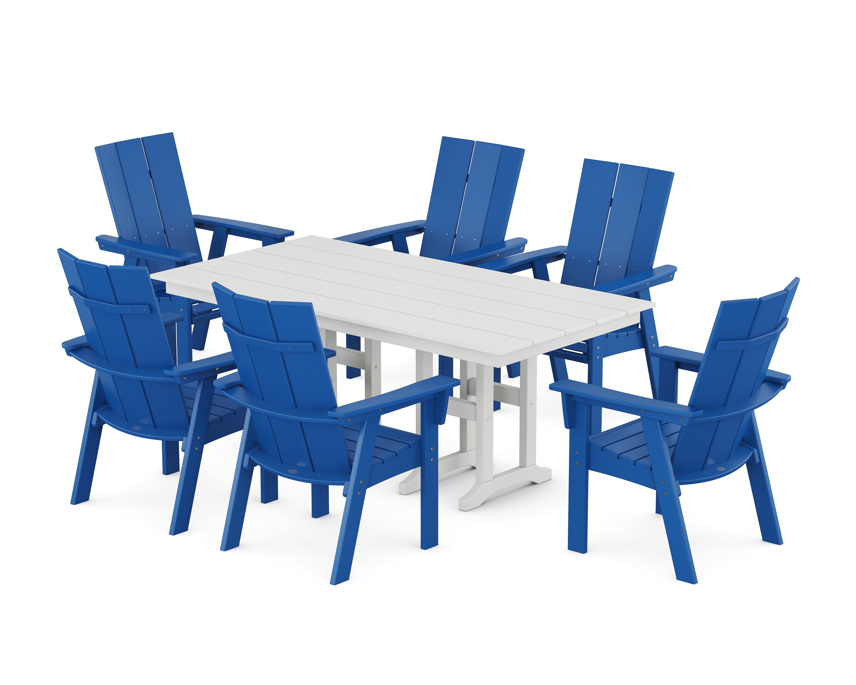 POLYWOOD Modern Curveback Adirondack 7-Piece Farmhouse Dining Set in Pacific Blue / White
