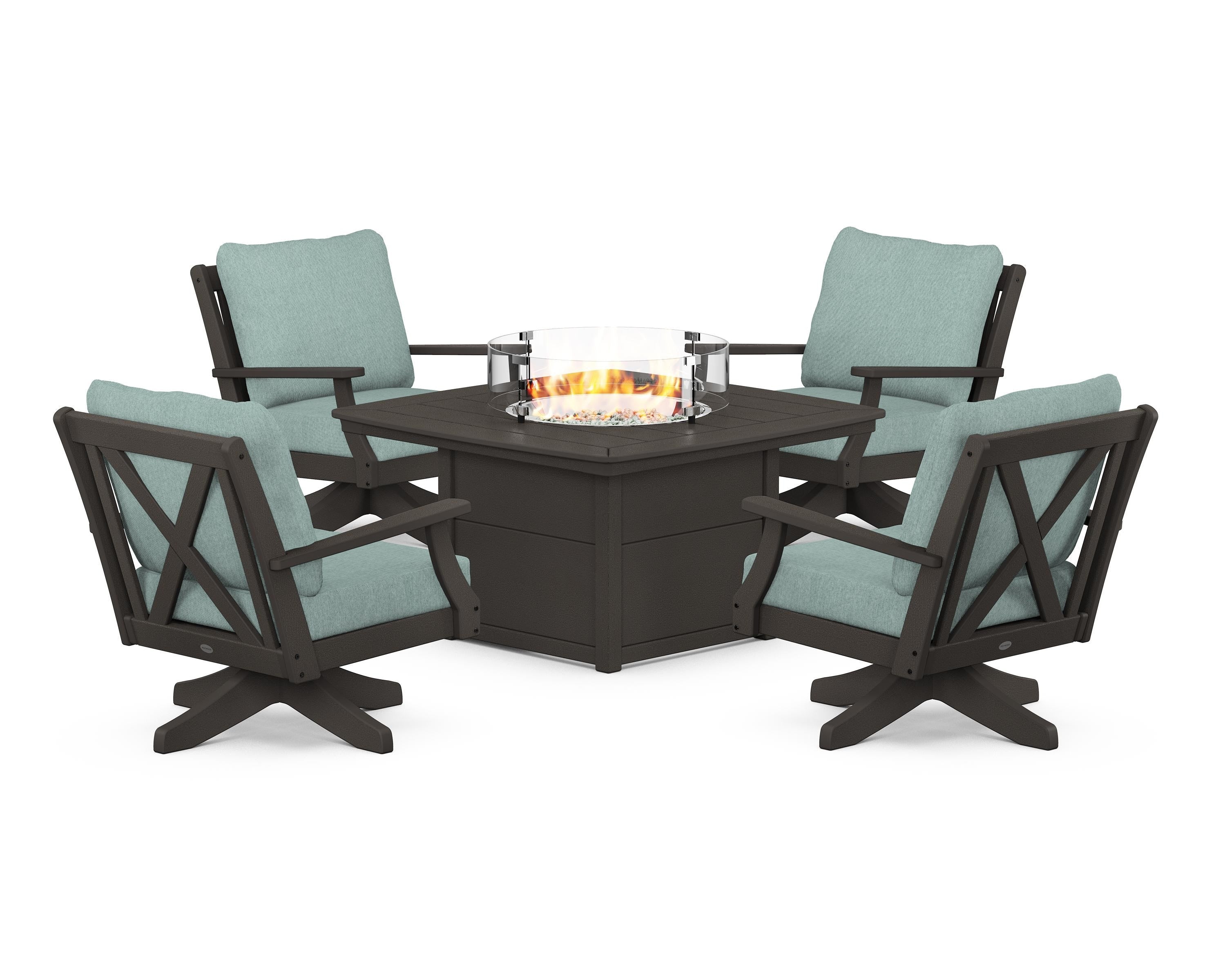 POLYWOOD Braxton 5-Piece Deep Seating Swivel Conversation Set with Fire Pit Table in Vintage Coffee / Glacier Spa