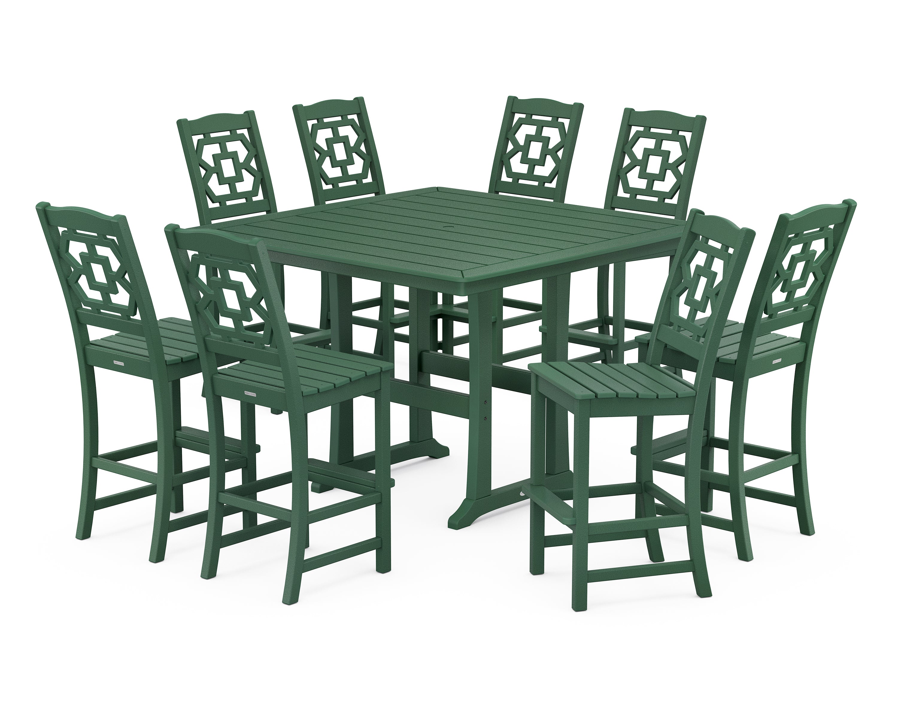 Martha Stewart by POLYWOOD® Chinoiserie 9-Piece Square Side Chair Bar Set with Trestle Legs in Green