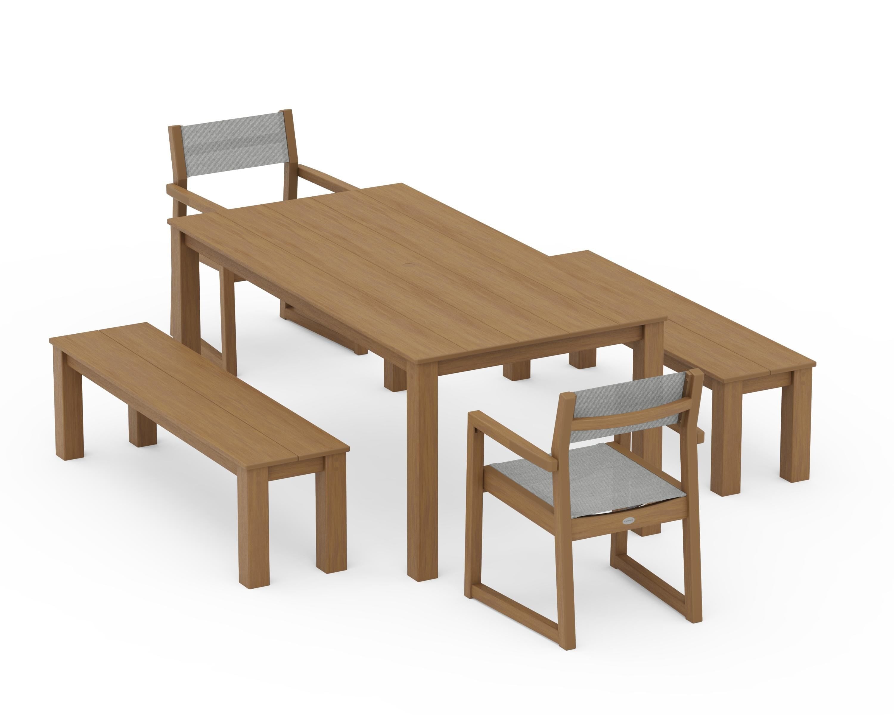POLYWOOD EDGE Sling Arm Chair 5-Piece Parsons Dining Set with Benches in Natural / Metallic Sling