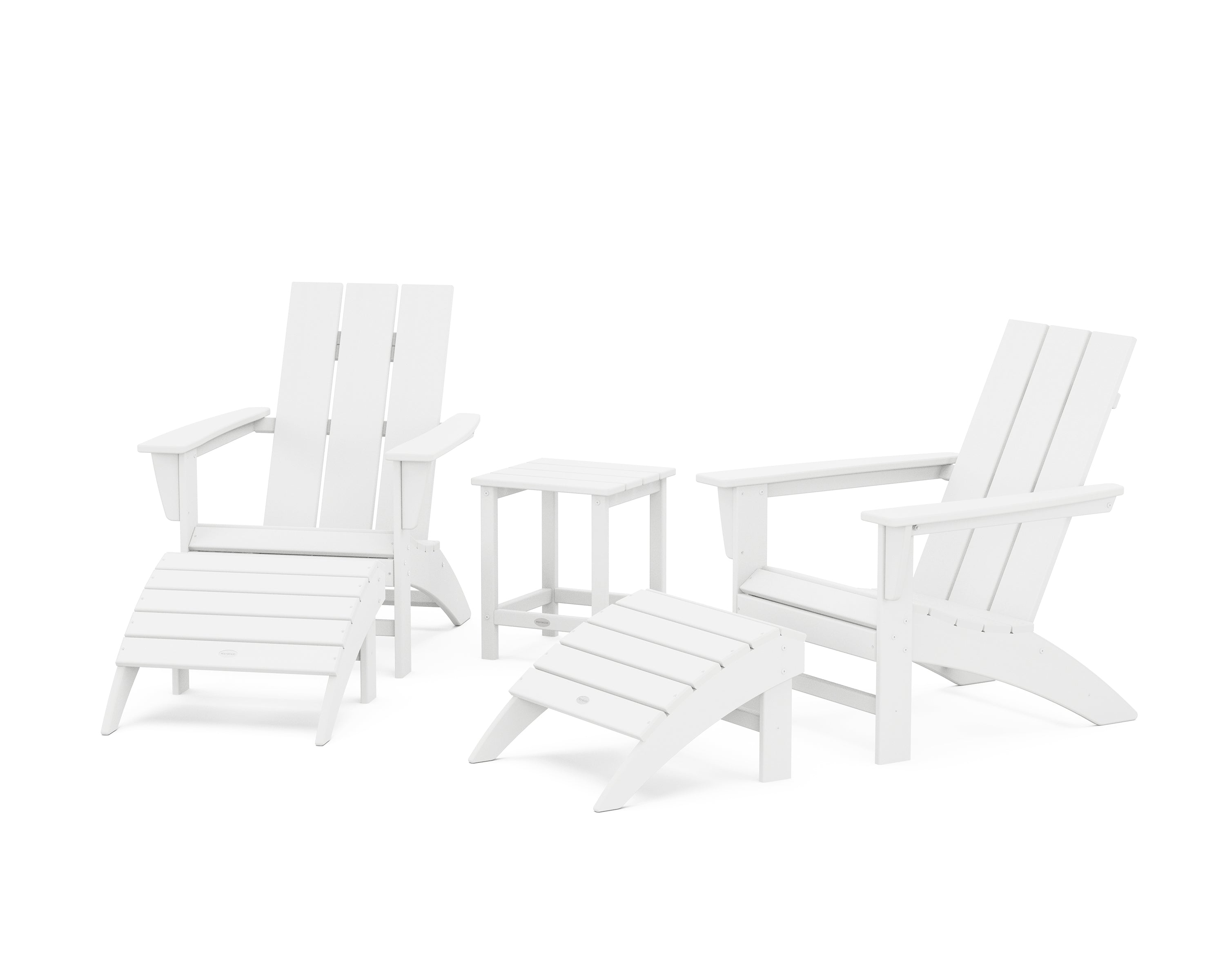 POLYWOOD® Modern Adirondack Chair 5-Piece Set with Ottomans and 18" Side Table in White