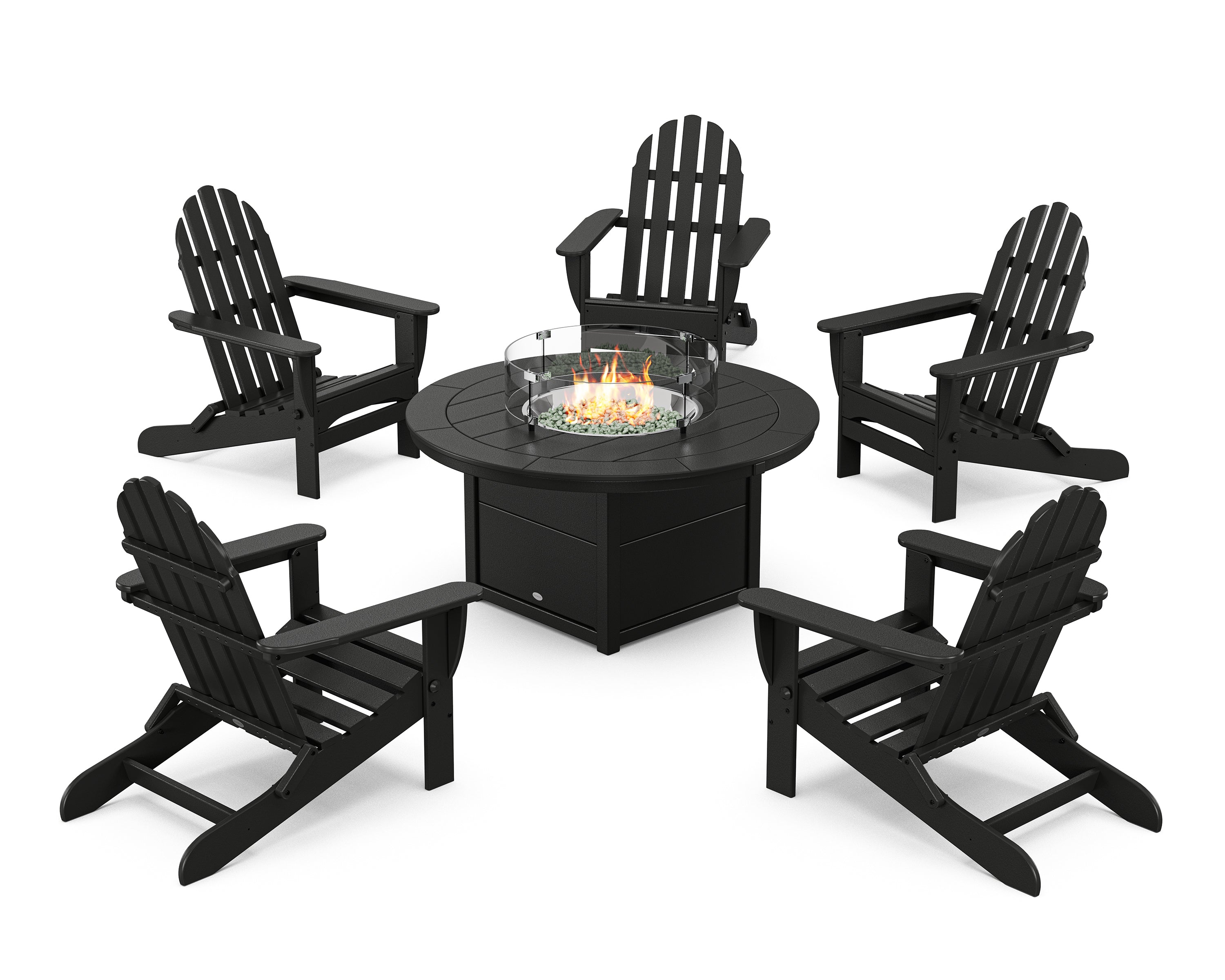 POLYWOOD Classic Folding Adirondack 6-Piece Conversation Set with Fire Pit Table in Black