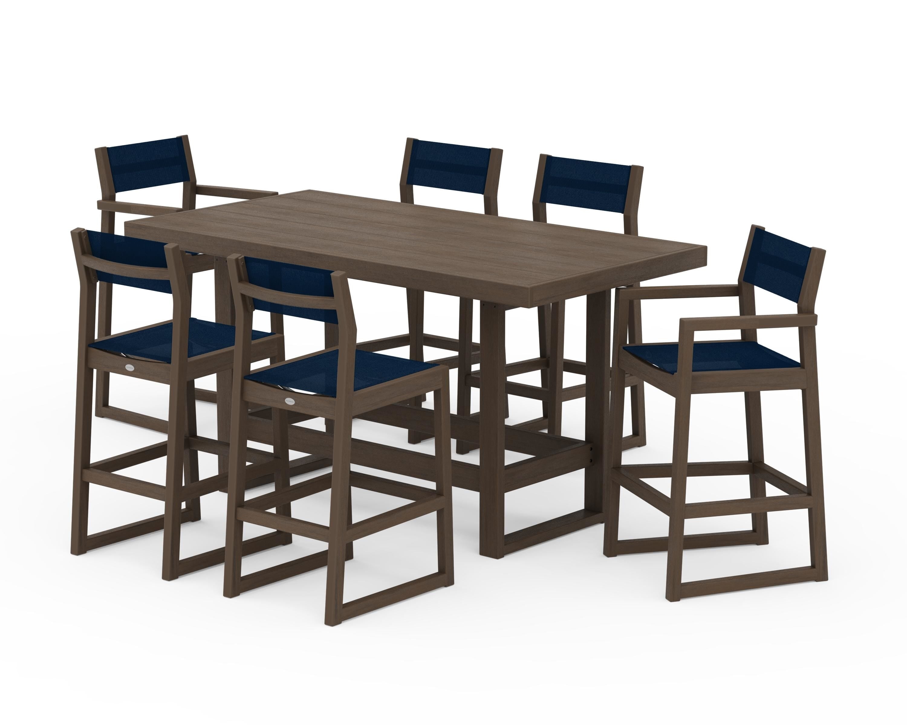 POLYWOOD EDGE Sling 7-Piece Bar Table Set in Kona / Navy Blue Sling