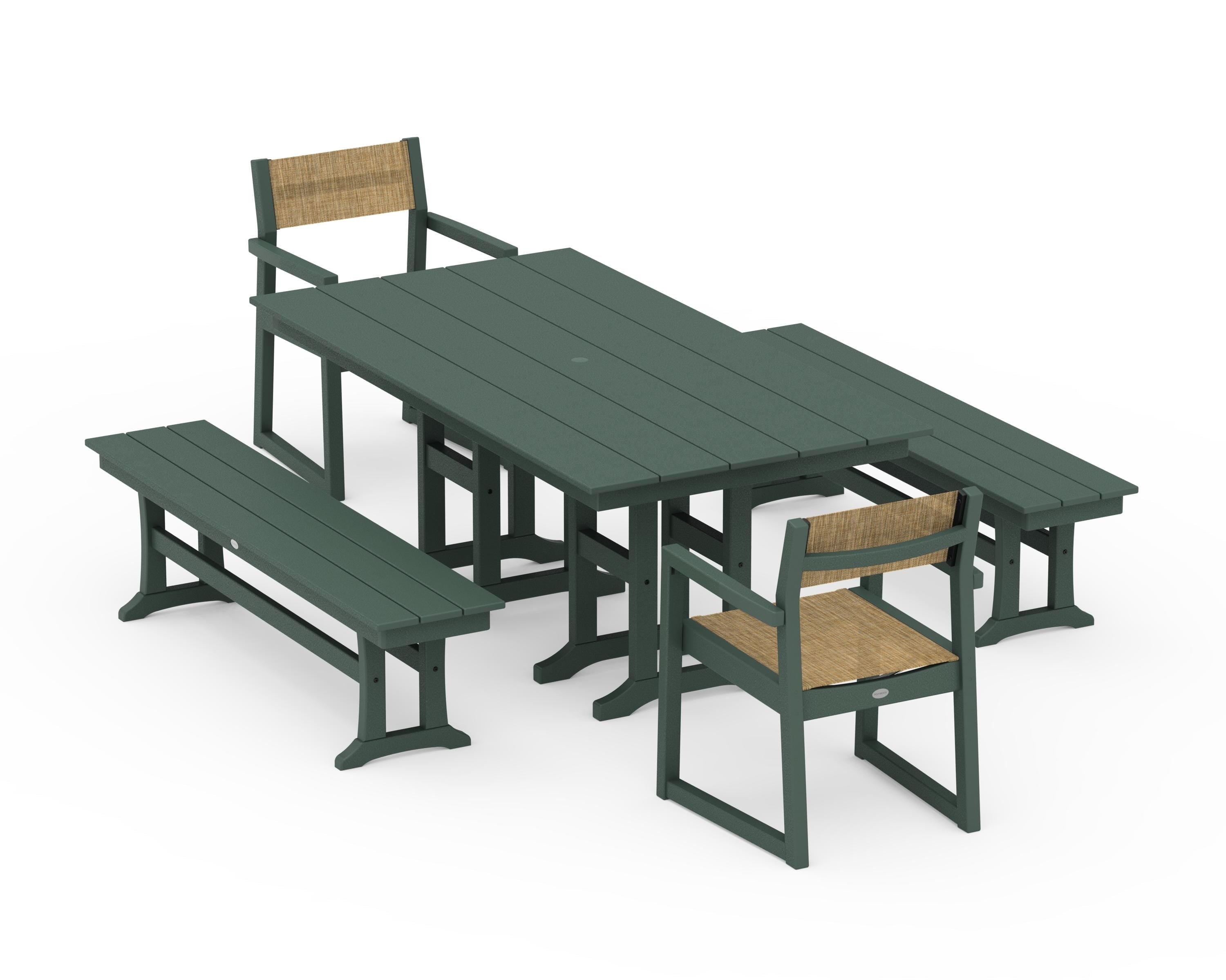 POLYWOOD EDGE Sling Arm Chair 5-Piece Farmhouse Dining Set with Benches in Green / Burlap Sling