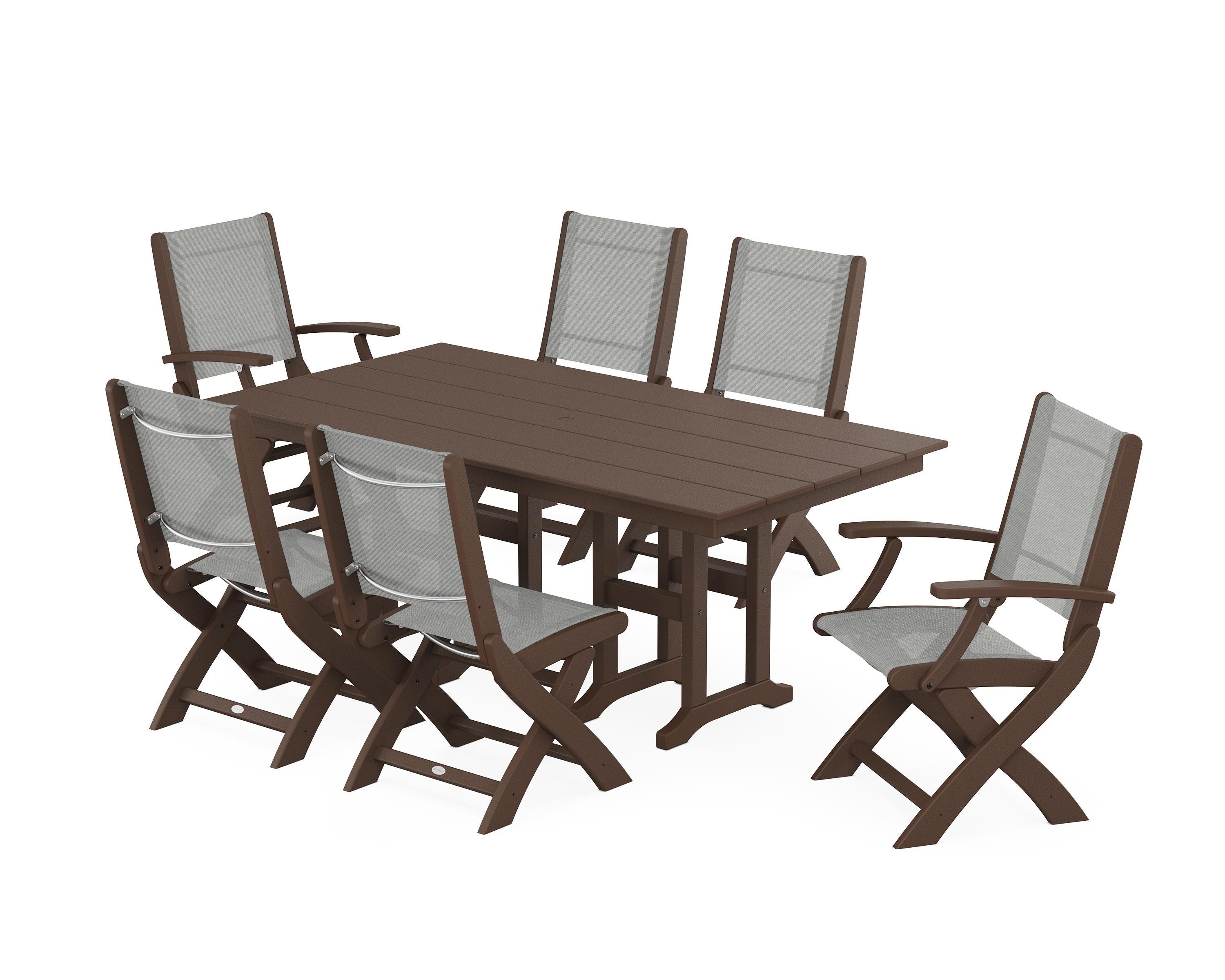 POLYWOOD Coastal Folding Chair 7-Piece Farmhouse Dining Set in Mahogany / Metallic Sling