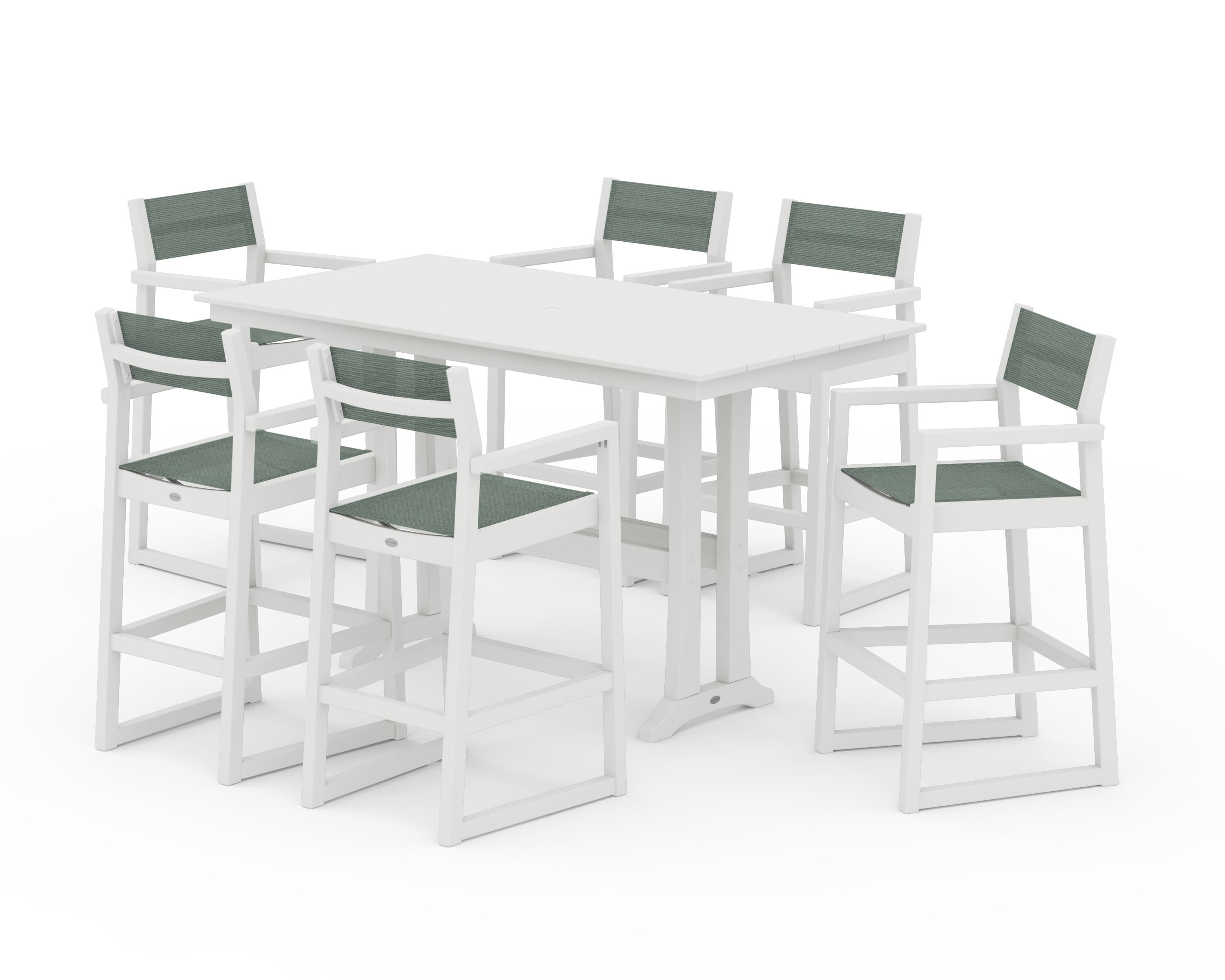 POLYWOOD EDGE Sling Arm Chair 7-Piece Farmhouse Bar Set with Trestle Legs in Vintage White / Dupioni Sea Mist Sling