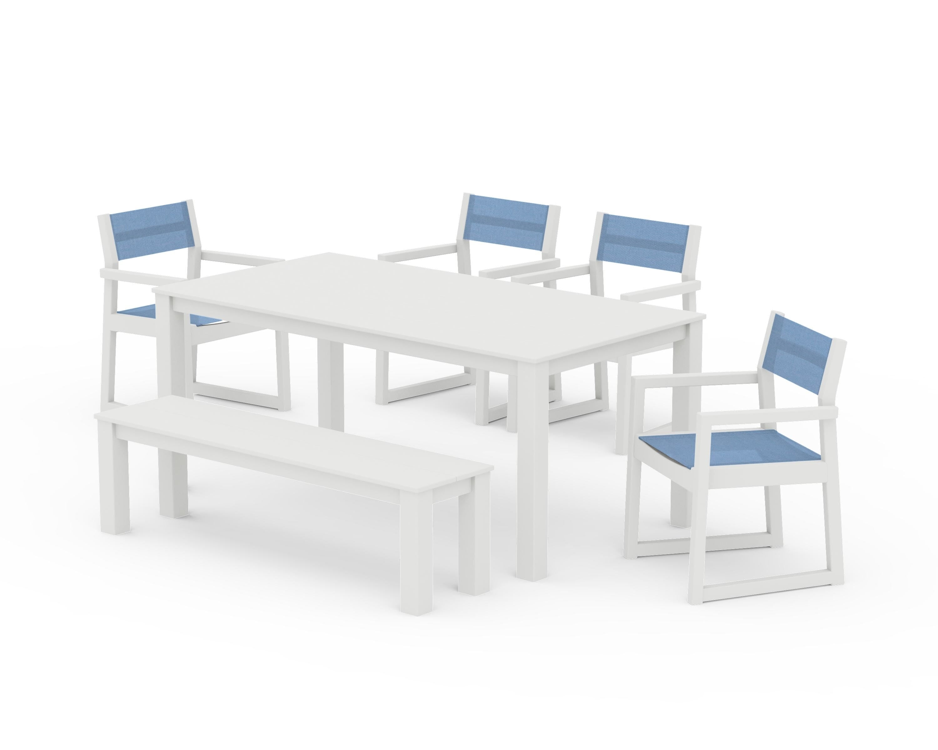 POLYWOOD EDGE Sling Arm Chair 6-Piece Parsons Dining Set with Bench in Vintage White / Poolside Sling