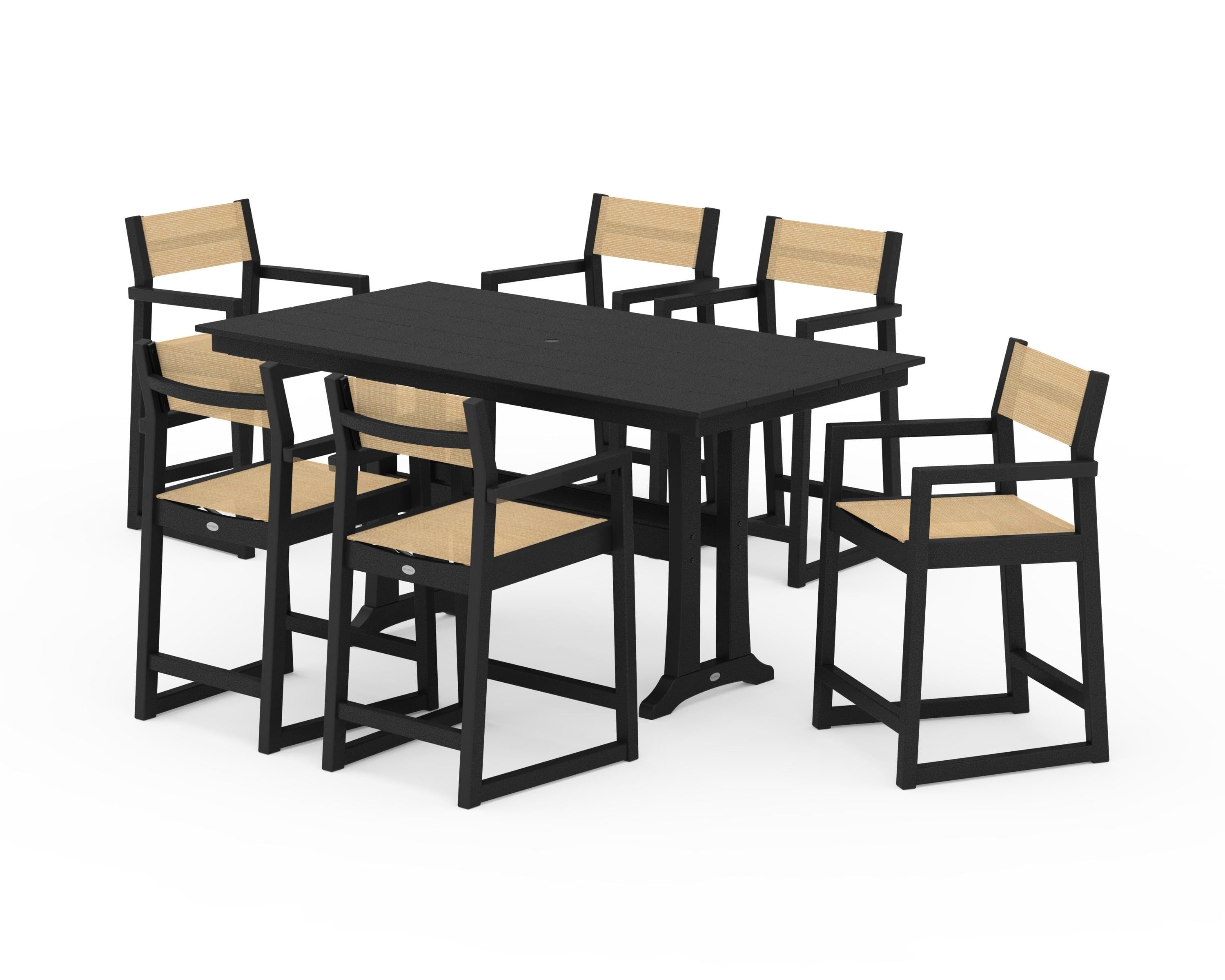 POLYWOOD EDGE Sling Arm Chair 7-Piece Farmhouse Counter Set with Trestle Legs in Black / Dupioni Apricot Sling