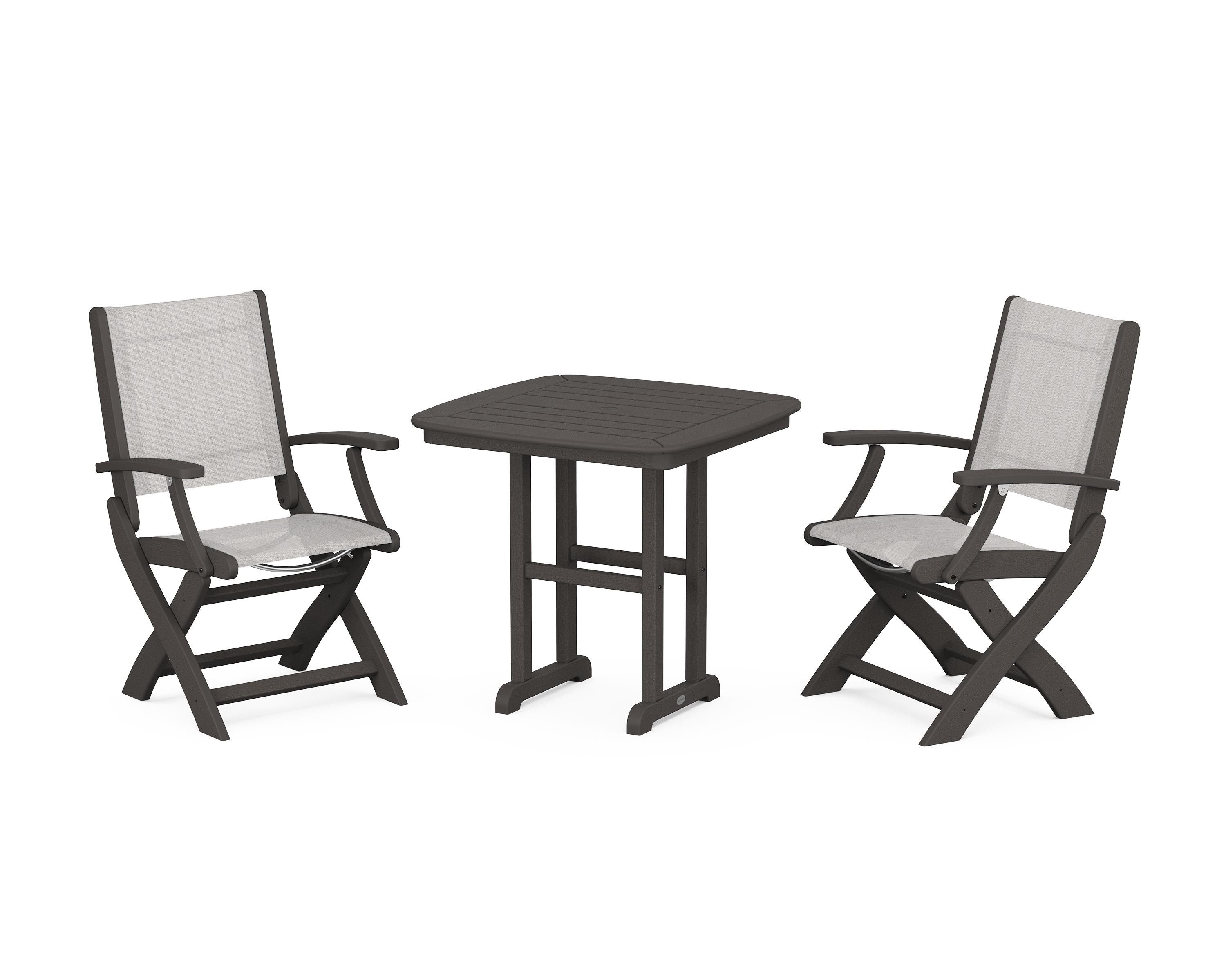 POLYWOOD Coastal Folding Chair 3-Piece Dining Set in Vintage Coffee / Parchment Sling