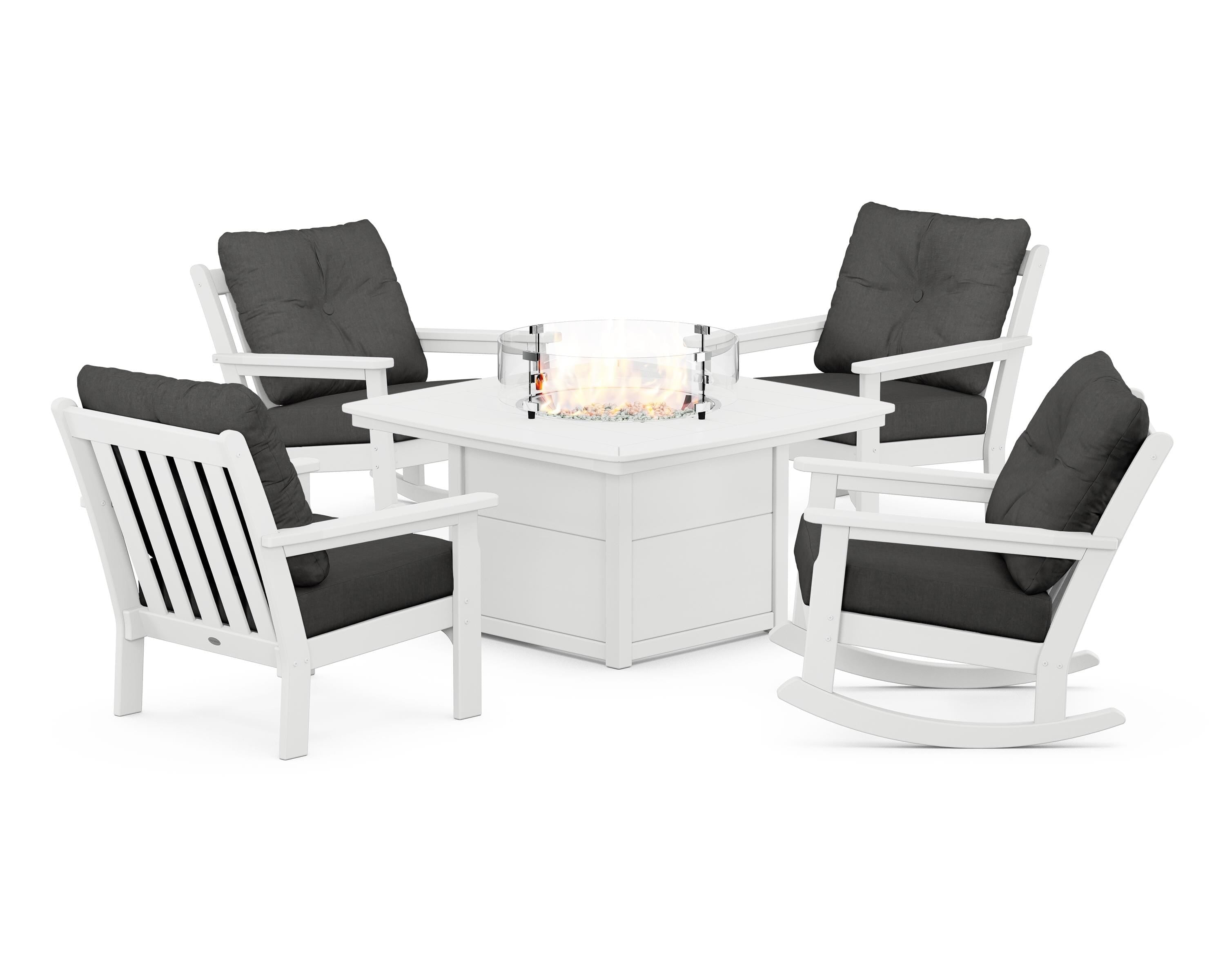POLYWOOD Vineyard 5-Piece Deep Seating Rocking Chair Conversation Set with Fire Pit Table in White / Spectrum Carbon