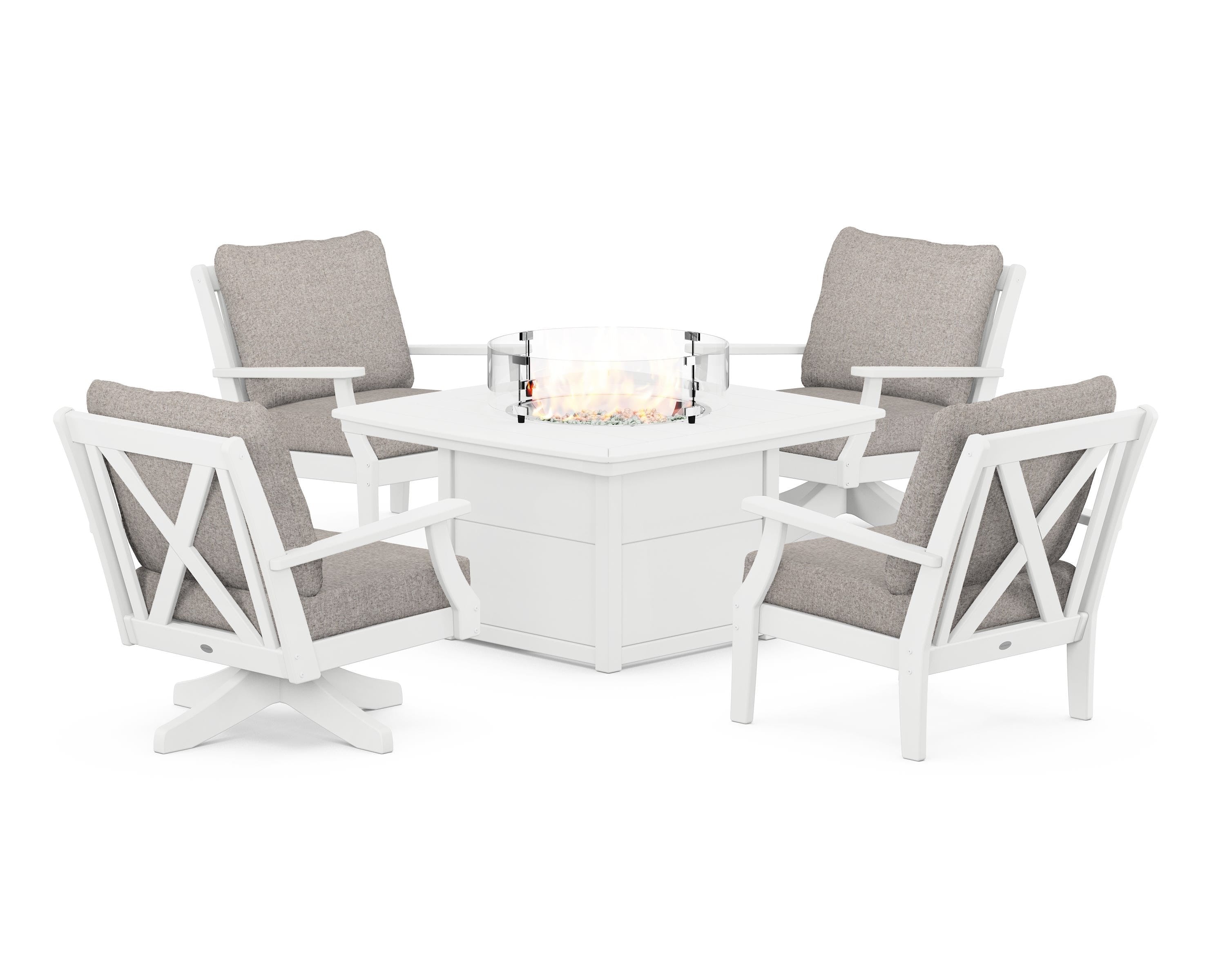 POLYWOOD Braxton 5-Piece Deep Seating Set with Fire Table in White / Weathered Tweed
