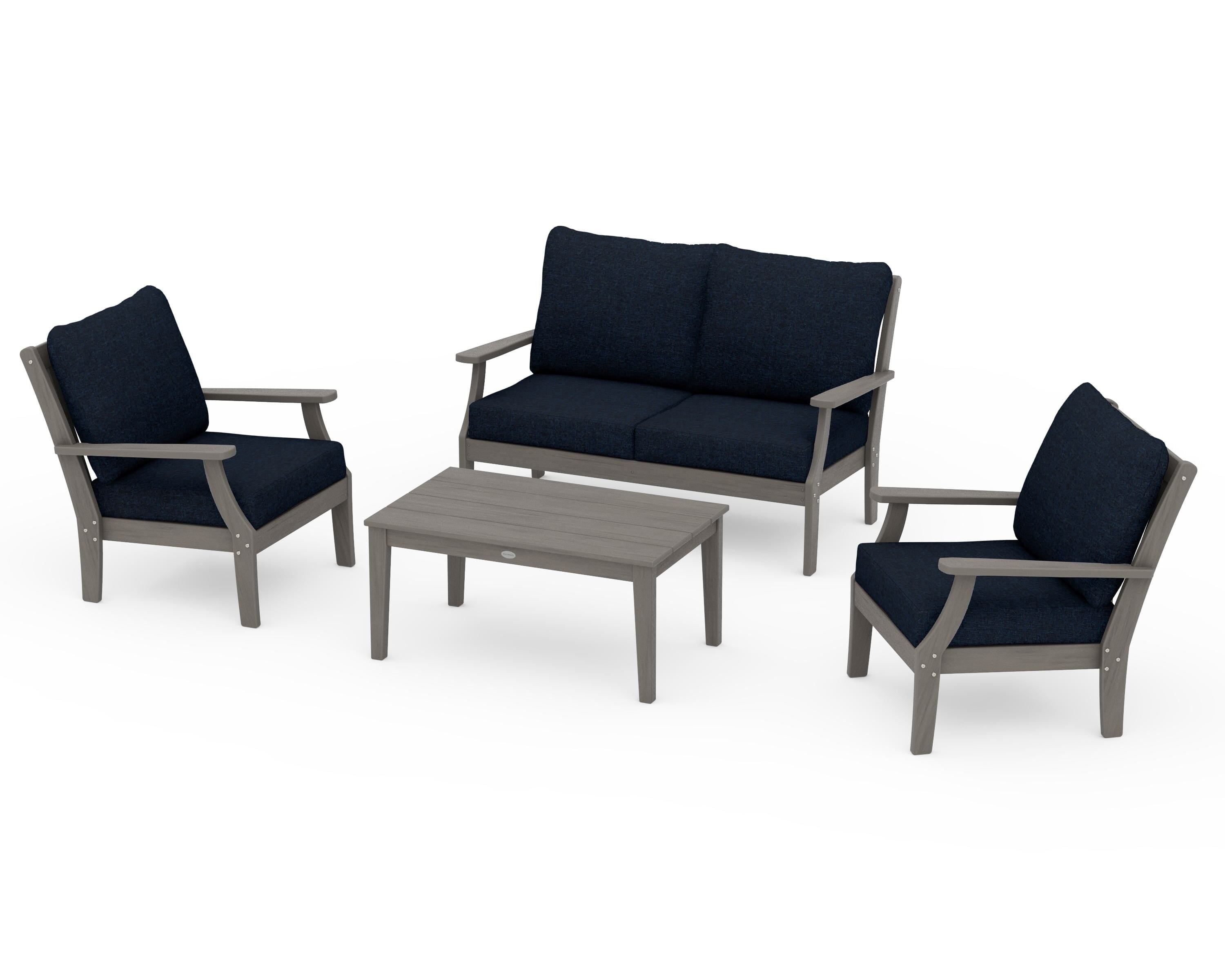 POLYWOOD Braxton 4-Piece Deep Seating Chair Set in Driftwood / Marine Indigo