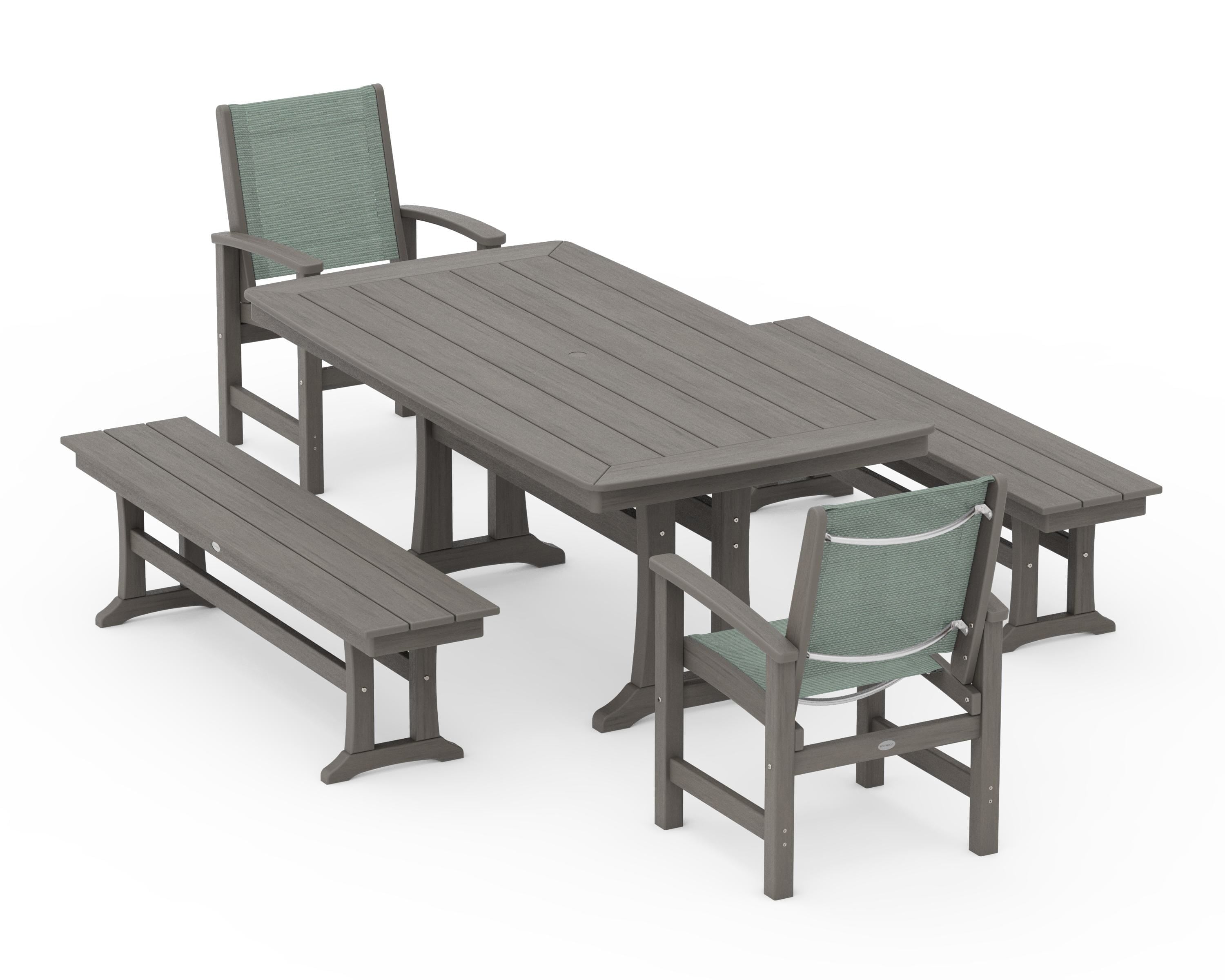 POLYWOOD Coastal 5-Piece Dining Set with Trestle Legs and Benches in Driftwood / Dupioni Sea Mist Sling
