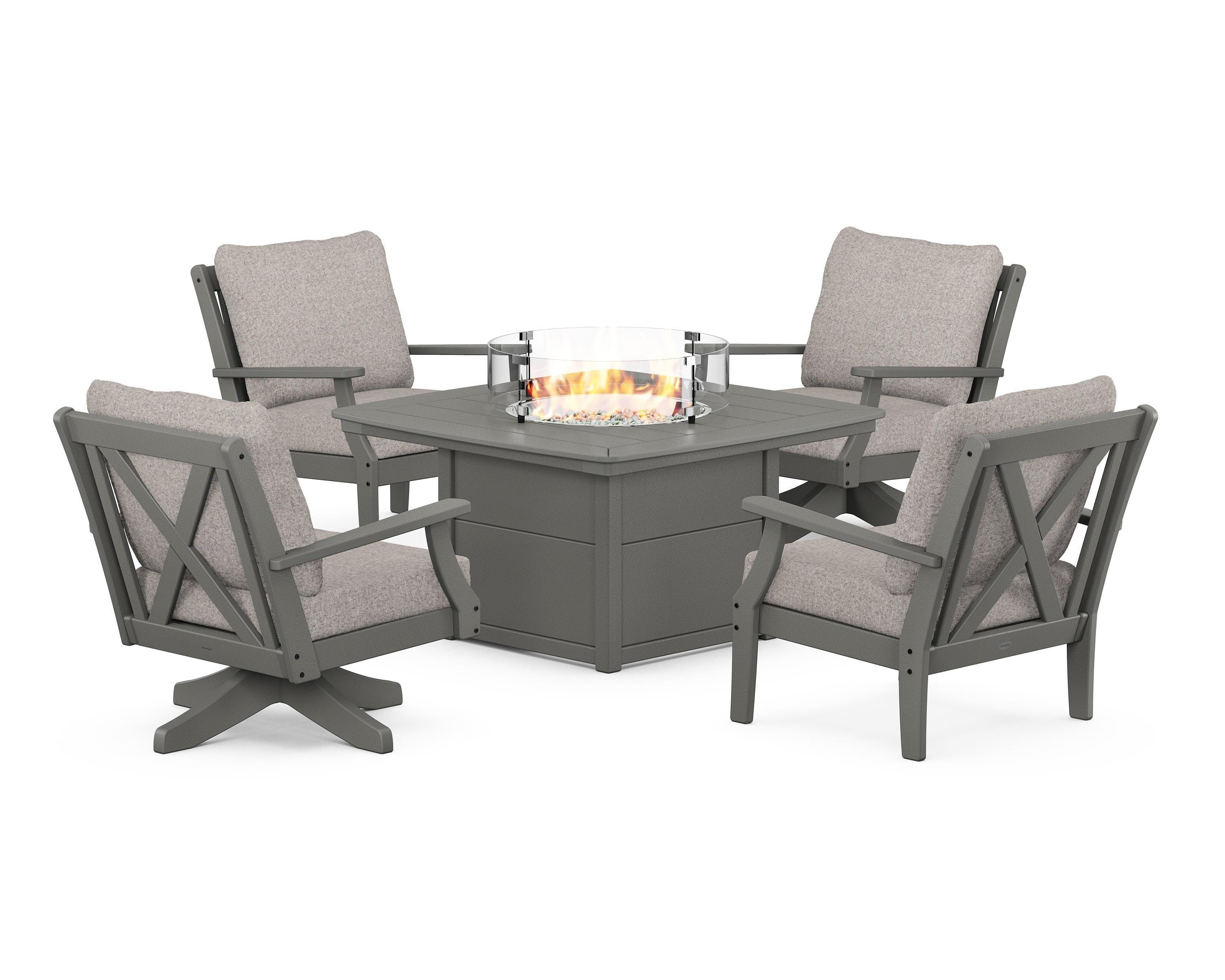 POLYWOOD Braxton 5-Piece Deep Seating Set with Fire Table in Slate Grey / Weathered Tweed