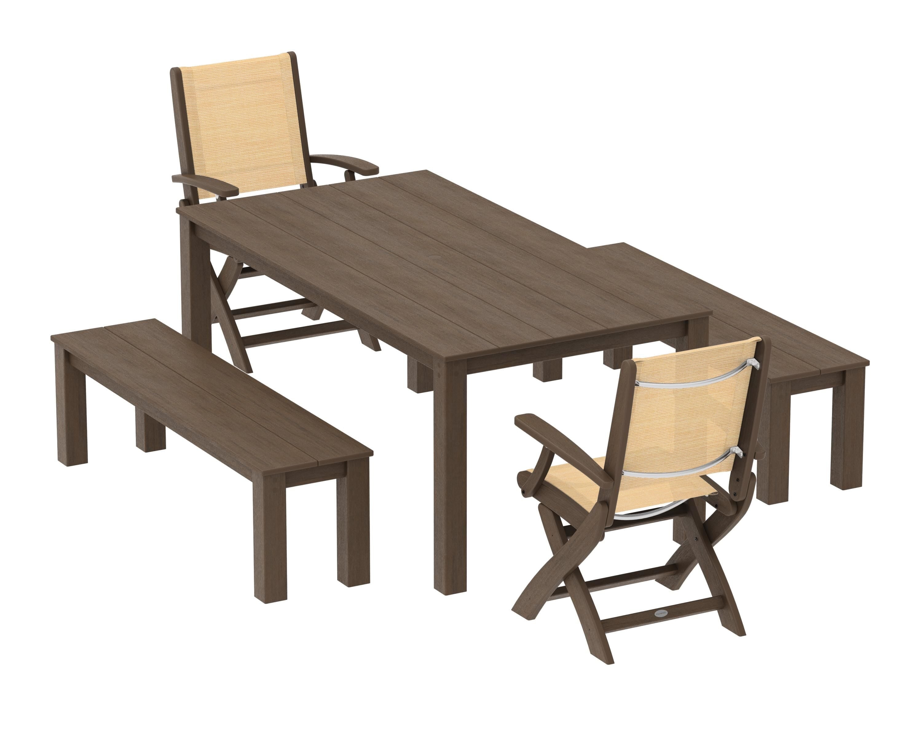 POLYWOOD Coastal Folding Chair 5-Piece Parsons Dining Set with Benches in Kona / Dupioni Apricot Sling