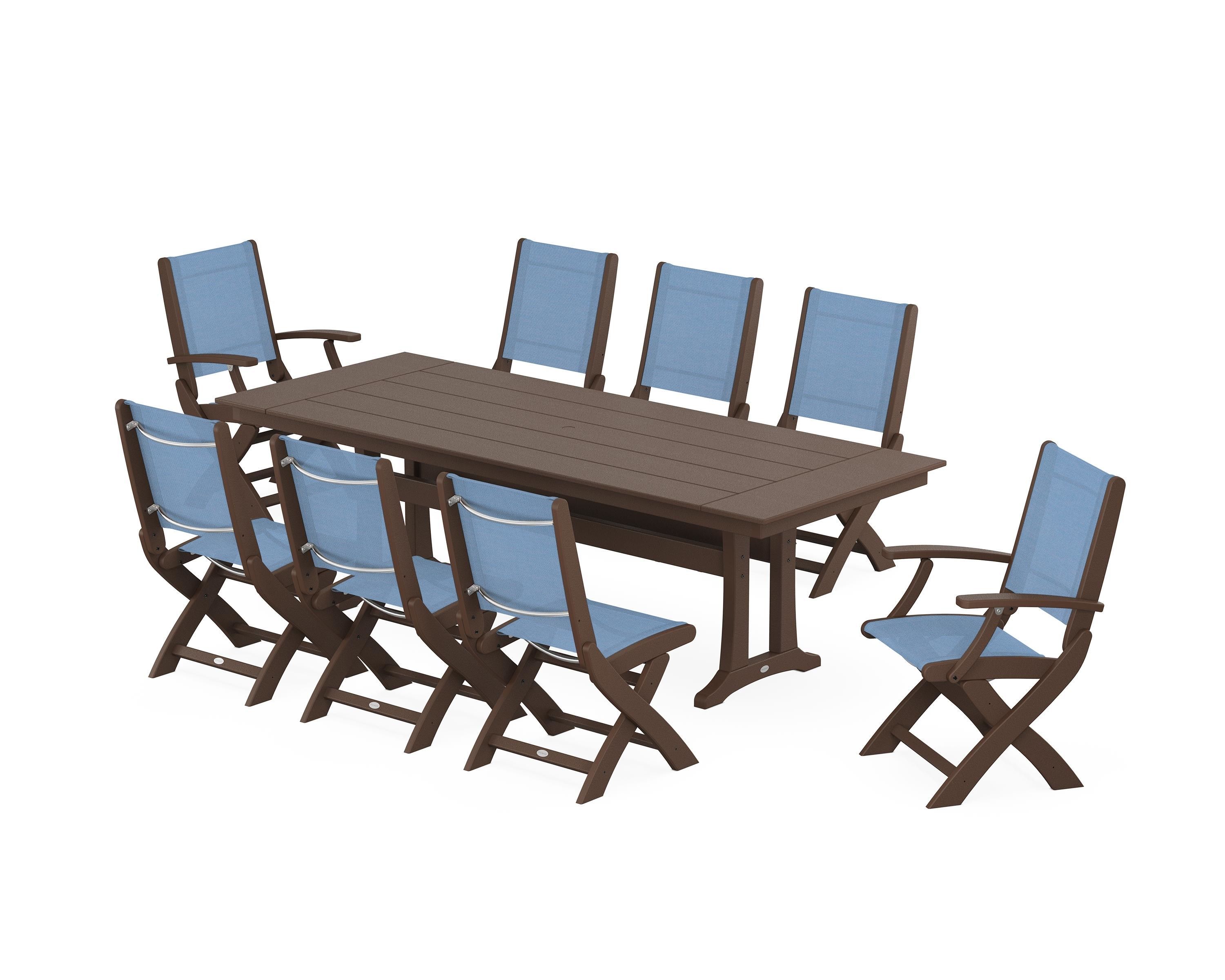 POLYWOOD Coastal 9-Piece Folding Dining Chair Farmhouse Dining Set with Trestle Legs in Mahogany / Poolside Sling