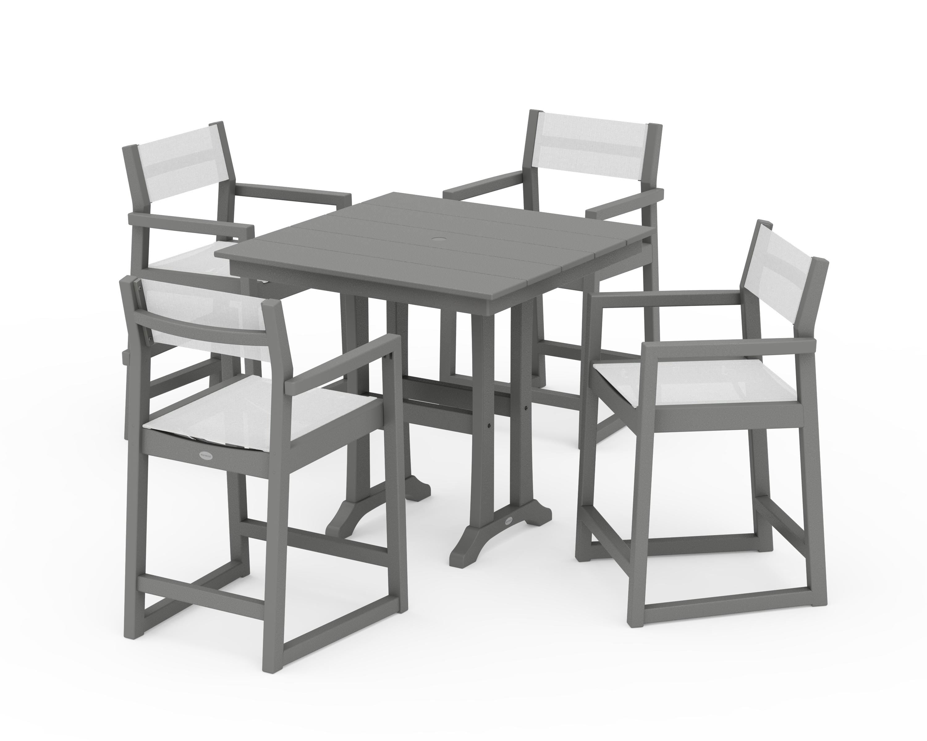 POLYWOOD EDGE Sling Arm Chair 5-Piece Farmhouse Counter Set with Trestle Legs in Slate Grey / White Sling