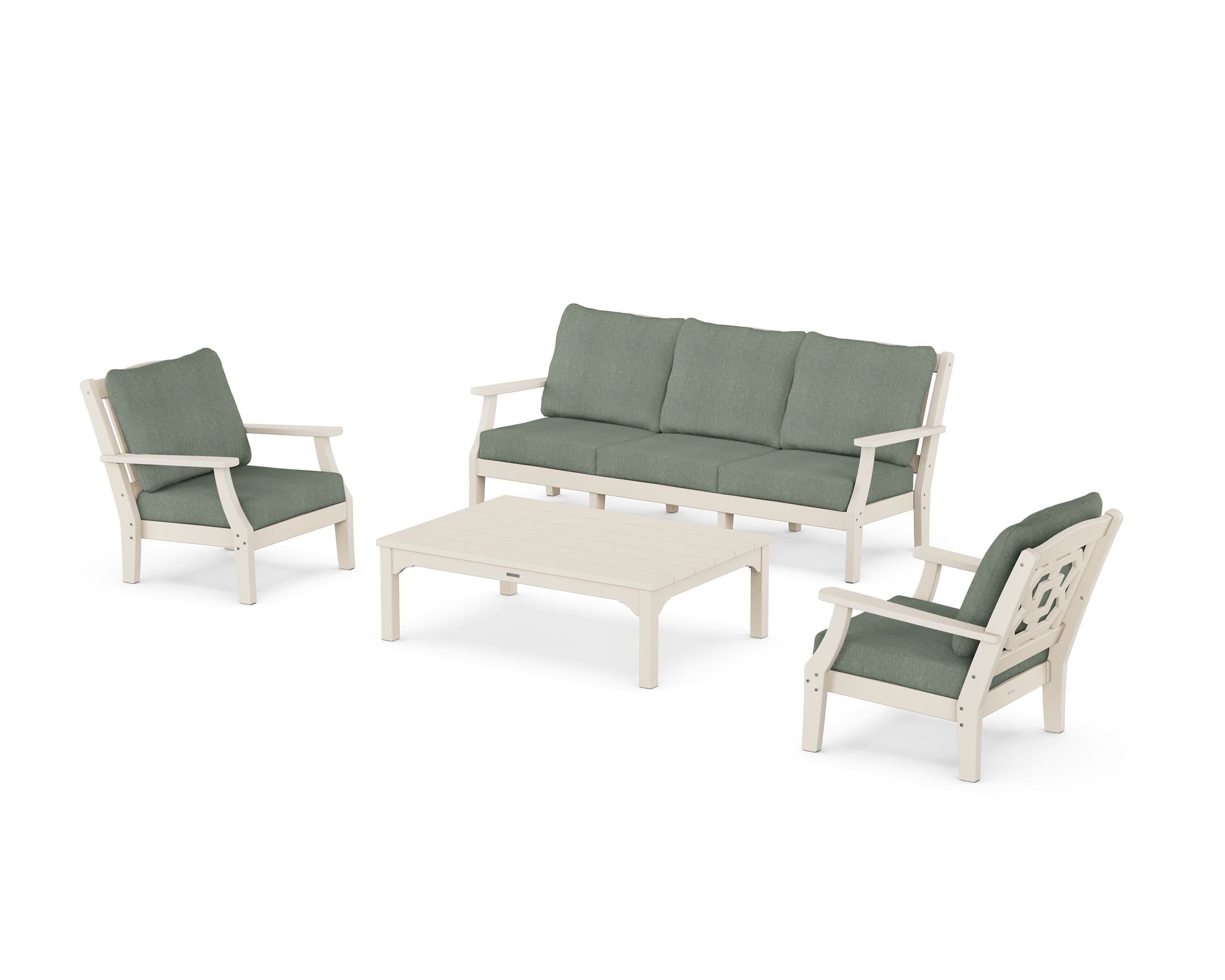 Martha Stewart by POLYWOOD Chinoiserie 4-Piece Deep Seating Set with Sofa in Sand / Cast Sage