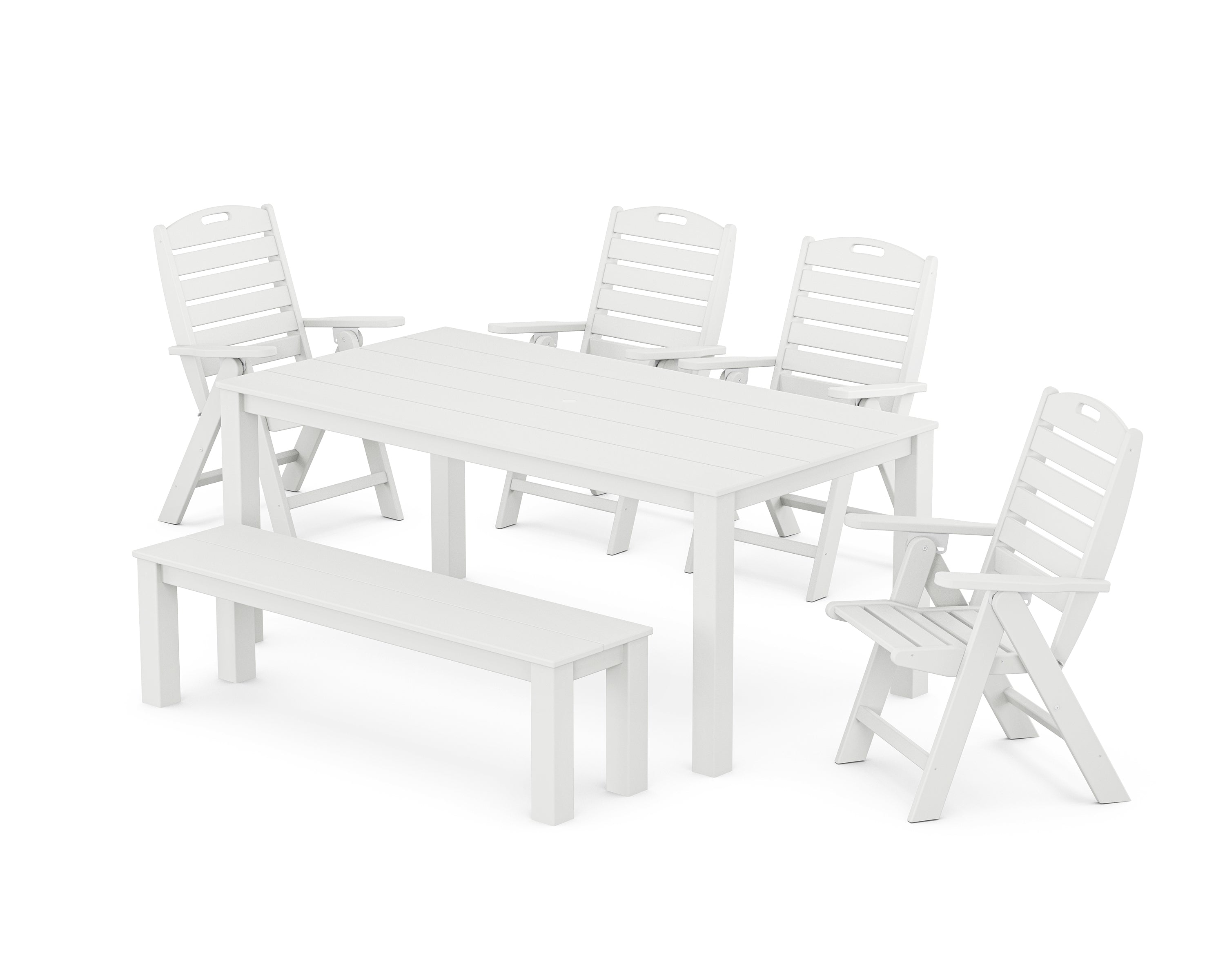 POLYWOOD Nautical Folding Highback Chair 6-Piece Parsons Dining Set with Bench in White