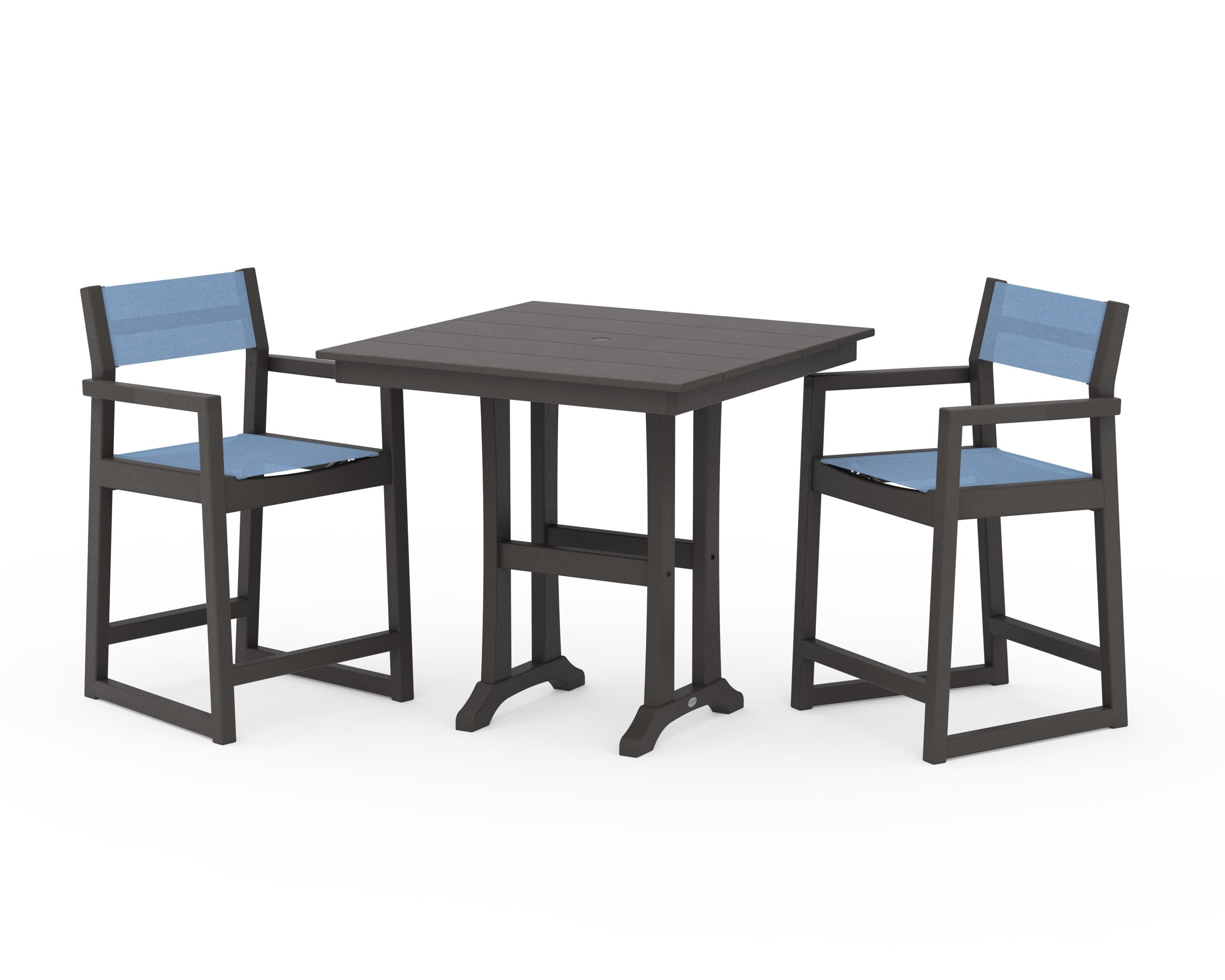 POLYWOOD EDGE Sling Arm Chair 3-Piece Farmhouse Counter Set with Trestle Legs in Vintage Coffee / Poolside Sling