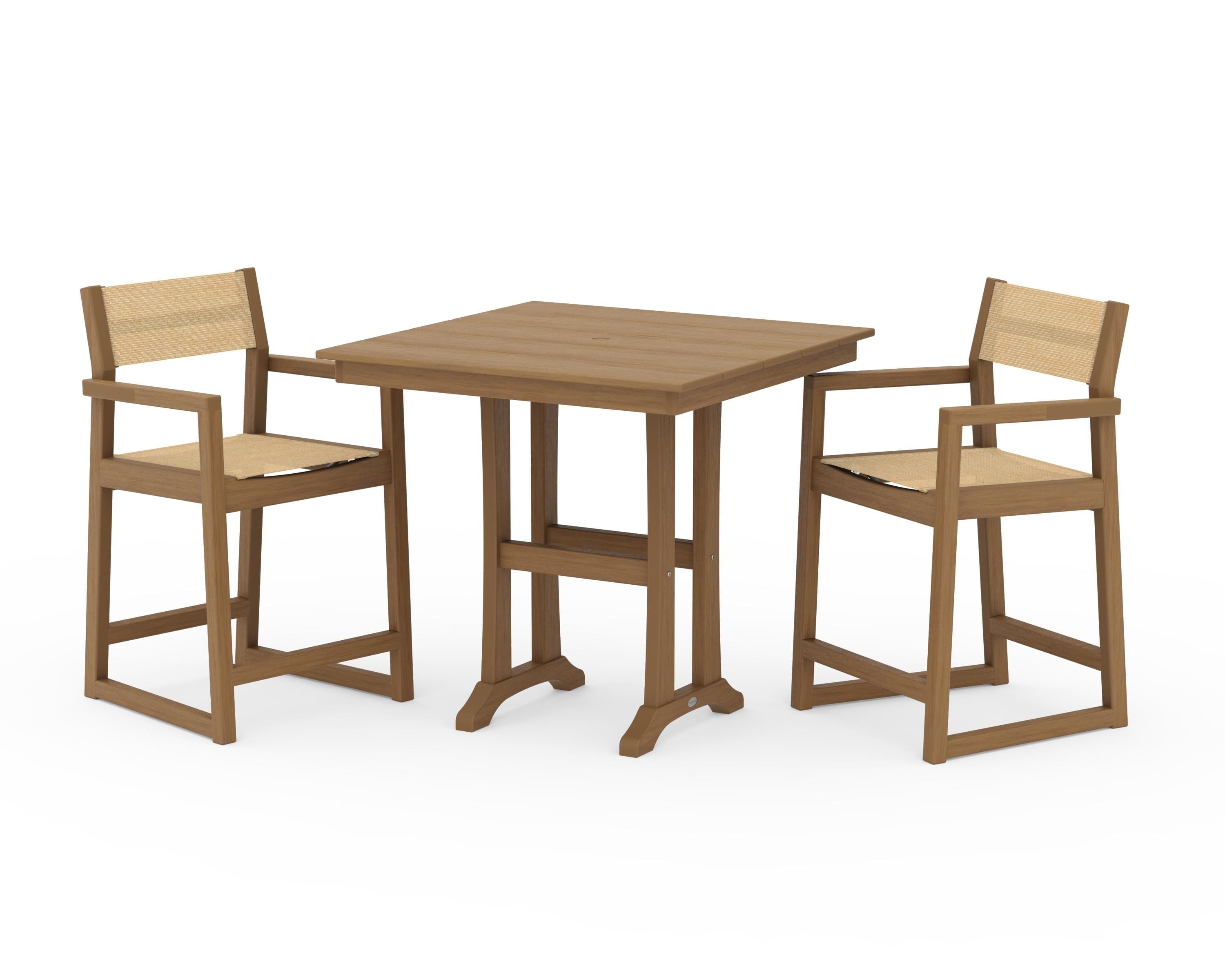 POLYWOOD EDGE Sling Arm Chair 3-Piece Farmhouse Counter Set with Trestle Legs in Natural / Dupioni Apricot Sling