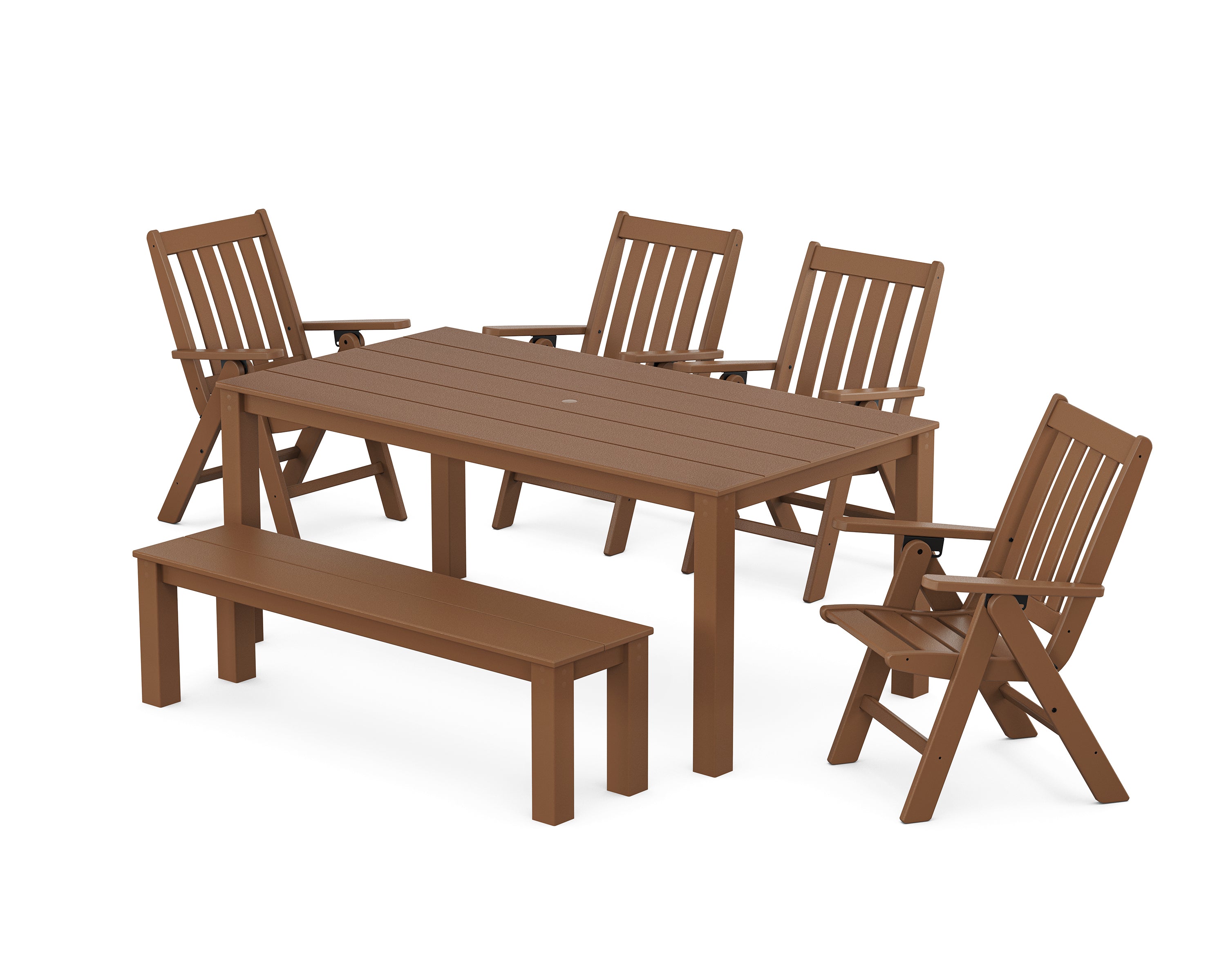POLYWOOD Vineyard Folding Chair 6-Piece Parsons Dining Set with Bench in Teak