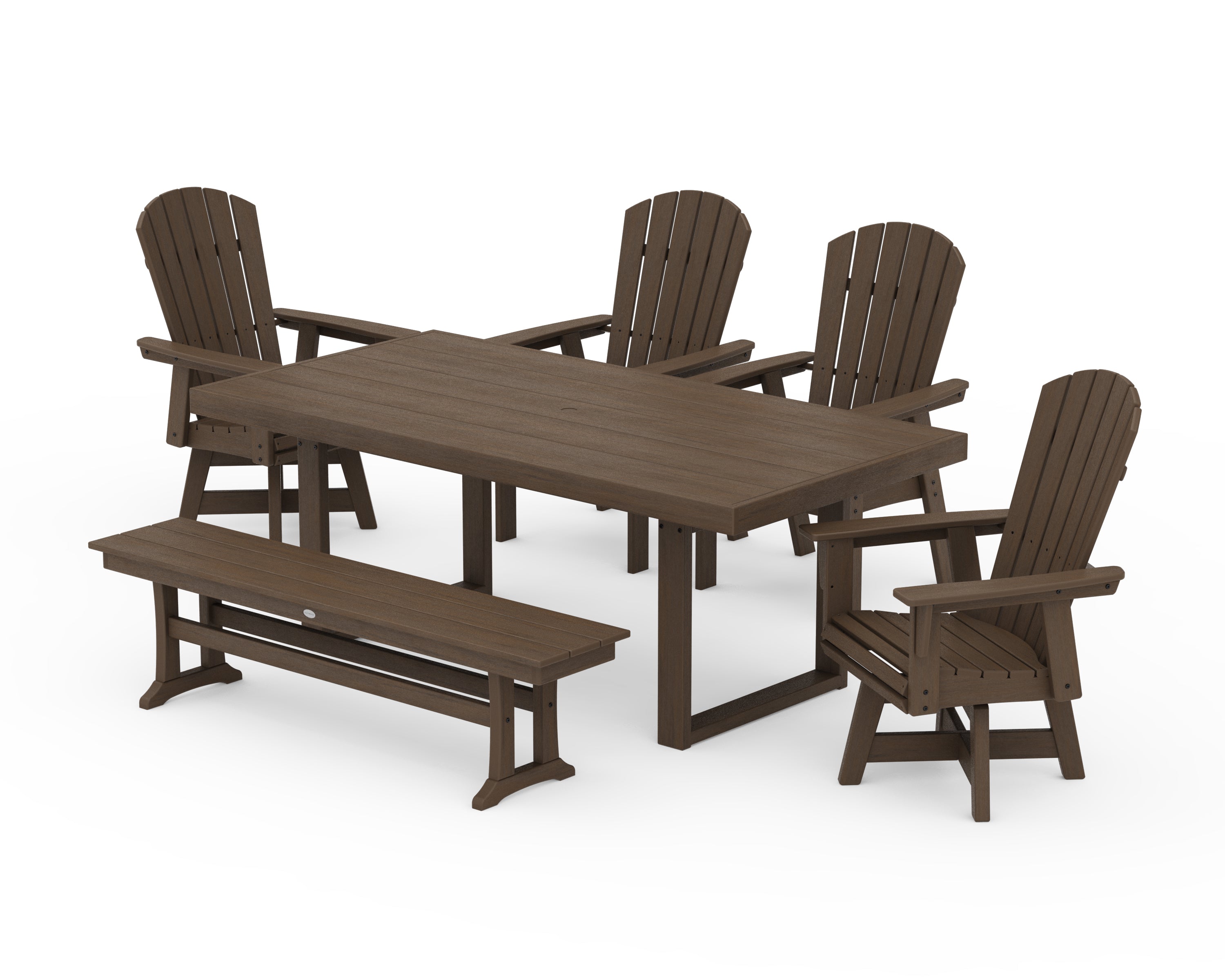 POLYWOOD Nautical Curveback Adirondack Swivel Chair 6-Piece Dining Set with Bench in Kona