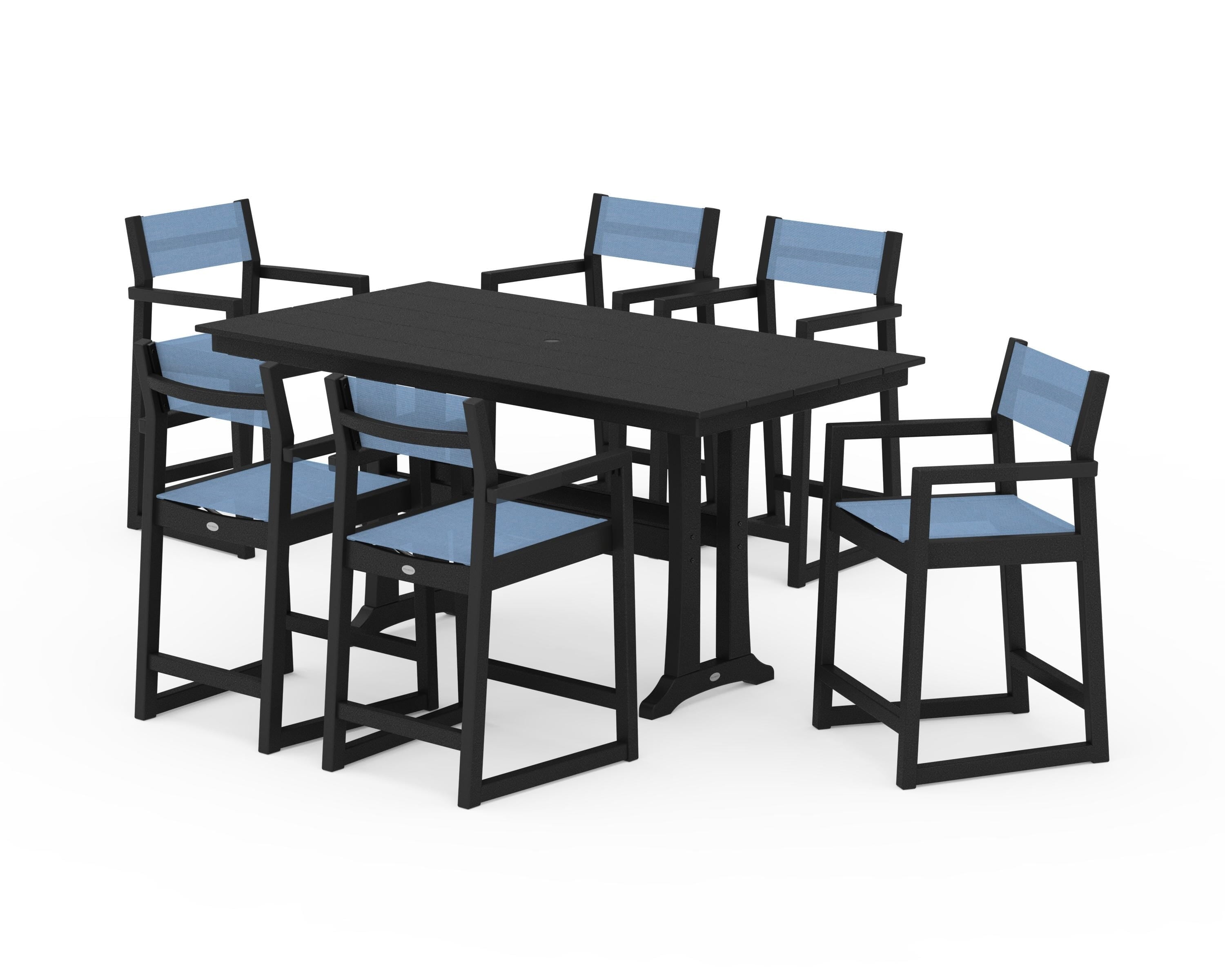 POLYWOOD EDGE Sling Arm Chair 7-Piece Farmhouse Counter Set with Trestle Legs in Black / Poolside Sling