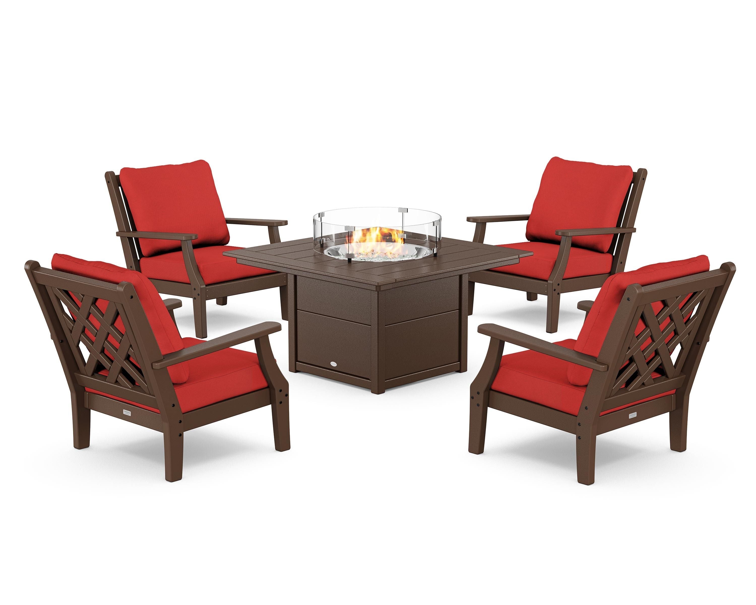 Country Living Wovendale 5-Piece Deep Seating Set with Fire Pit Table in Mahogany / Crimson Linen