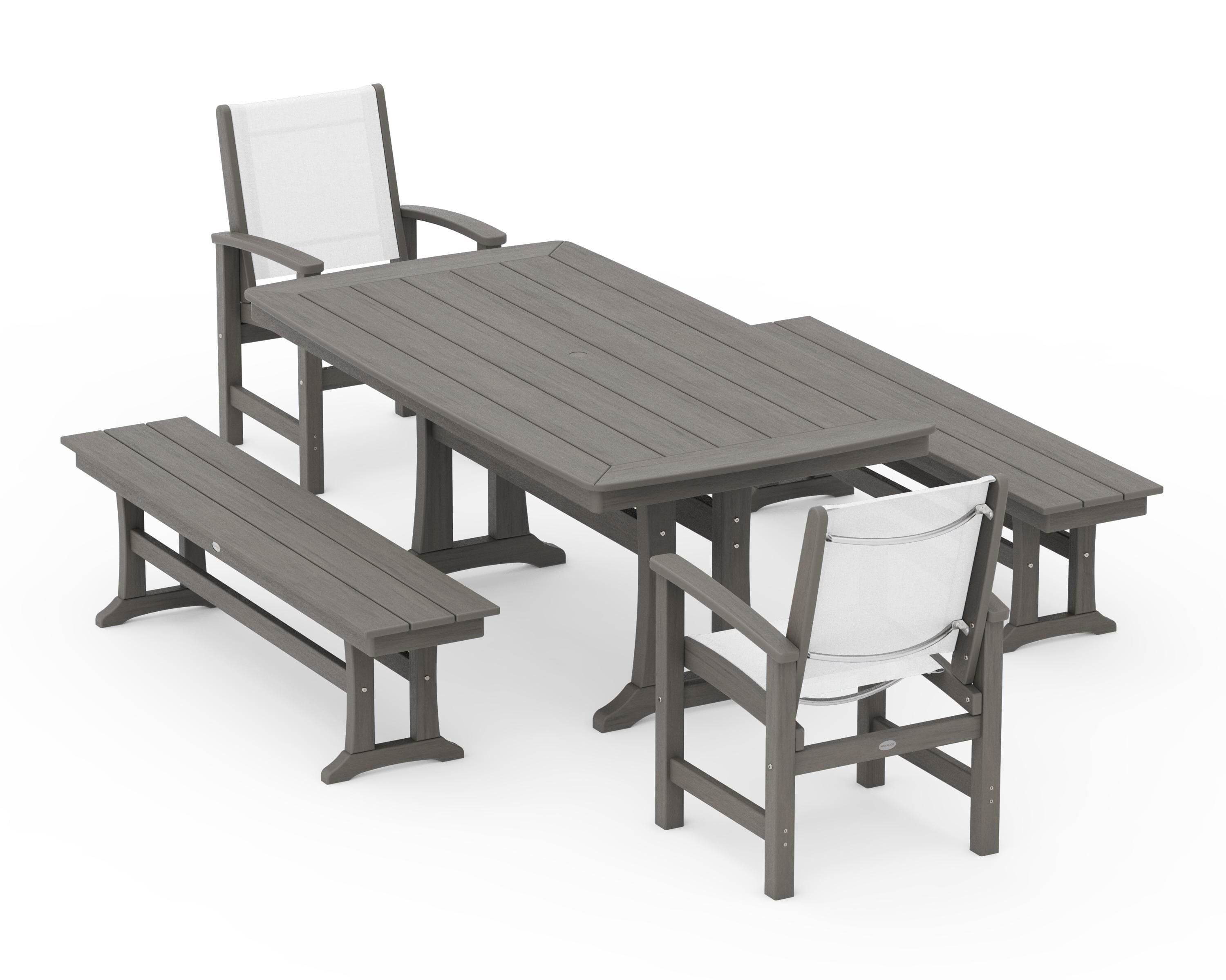 POLYWOOD Coastal 5-Piece Dining Set with Trestle Legs and Benches in Driftwood / White Sling