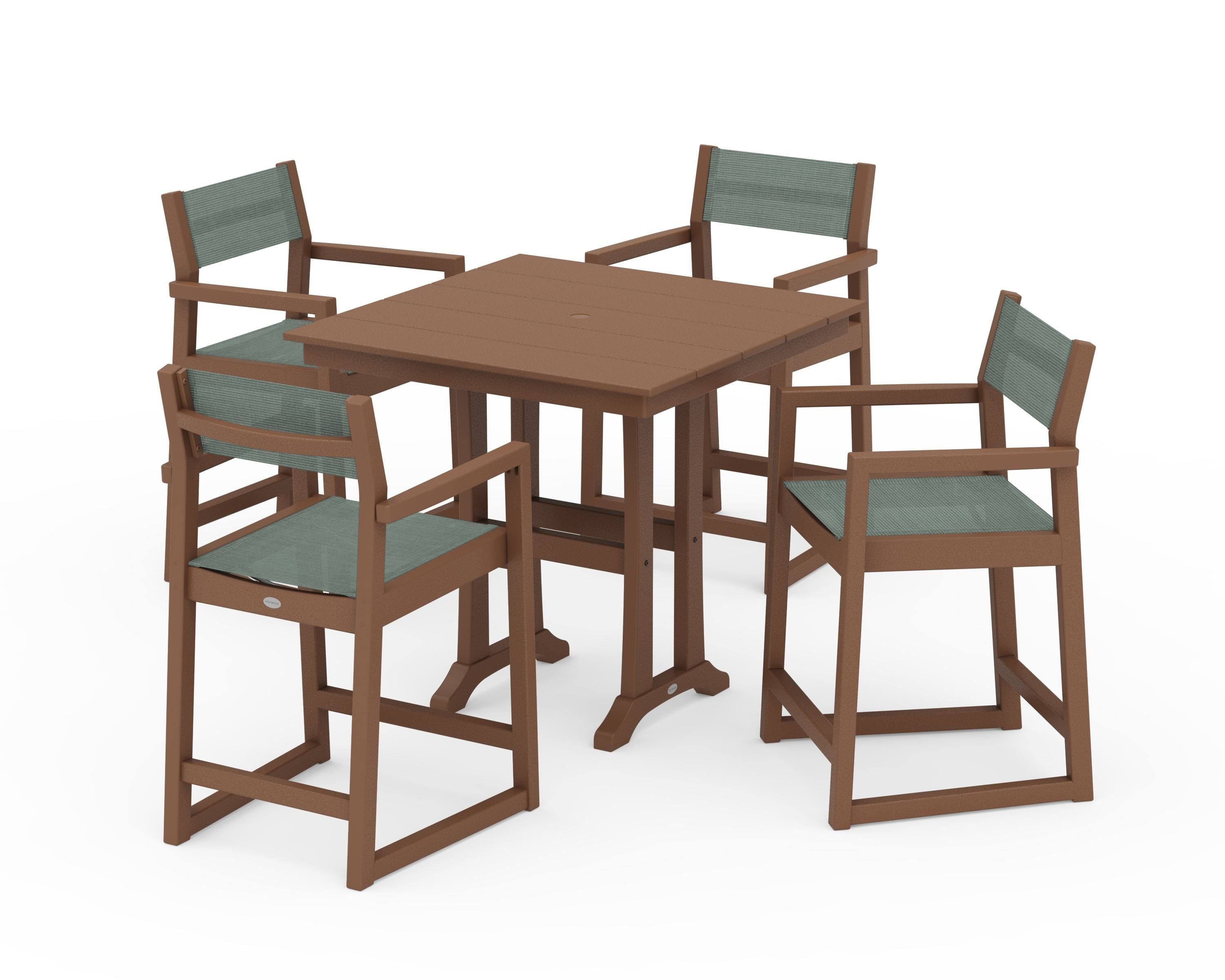 POLYWOOD EDGE Sling Arm Chair 5-Piece Farmhouse Counter Set with Trestle Legs in Teak / Dupioni Sea Mist Sling