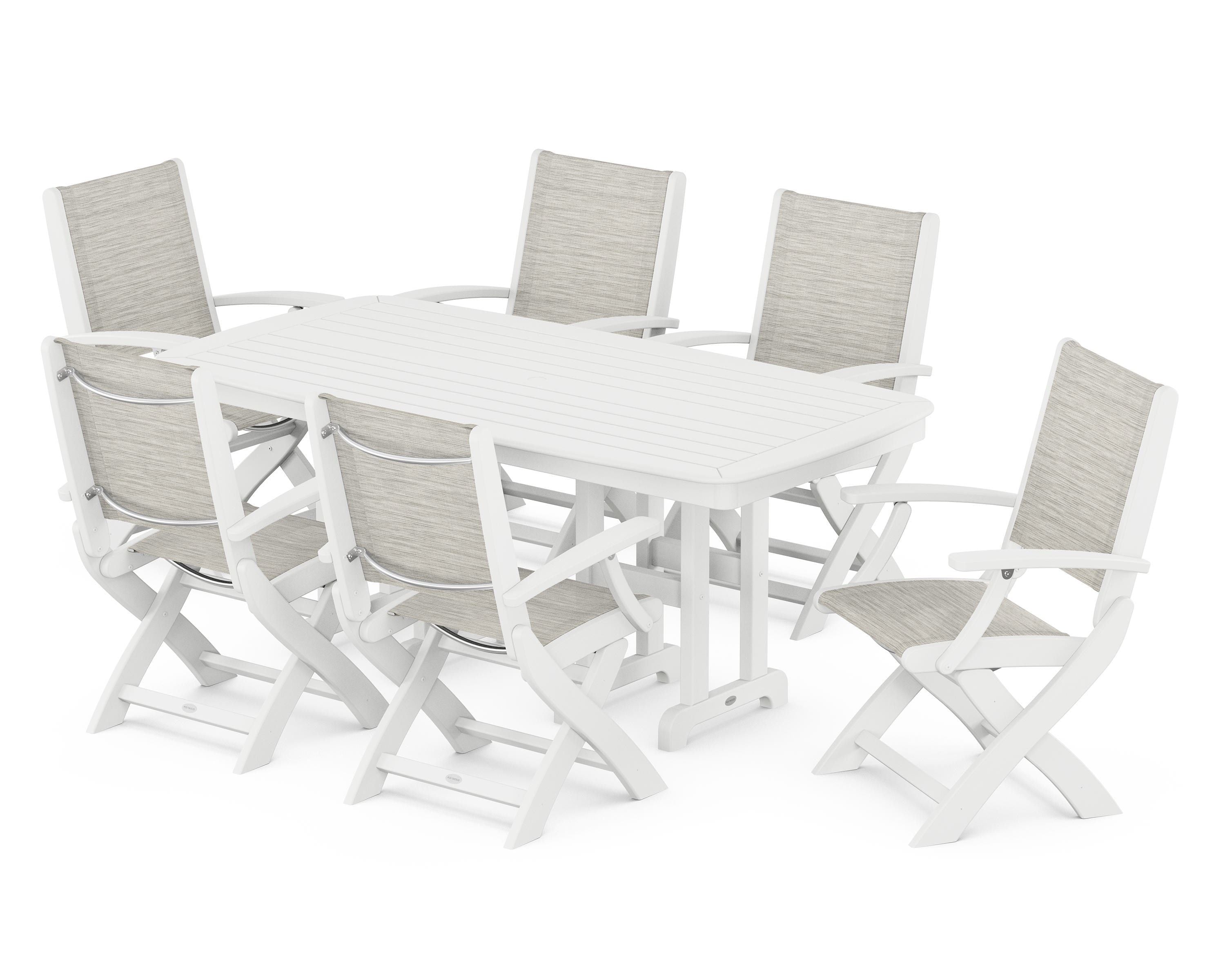 POLYWOOD Coastal Folding Arm Chair 7-Piece Dining Set in White / Birch Sling