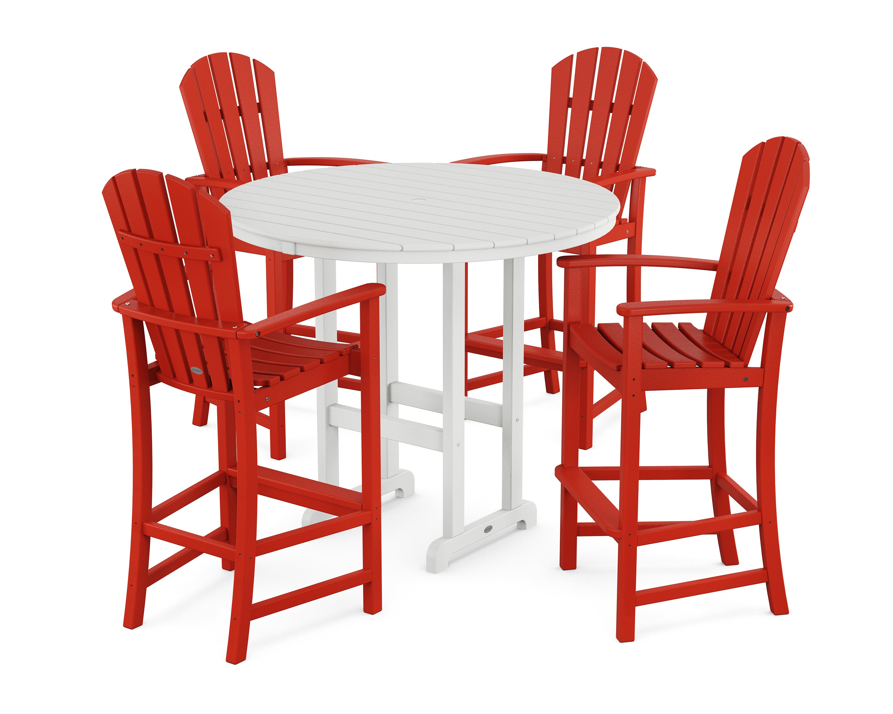 POLYWOOD® Palm Coast 5-Piece Round Farmhouse Bar Set in Sunset Red / White