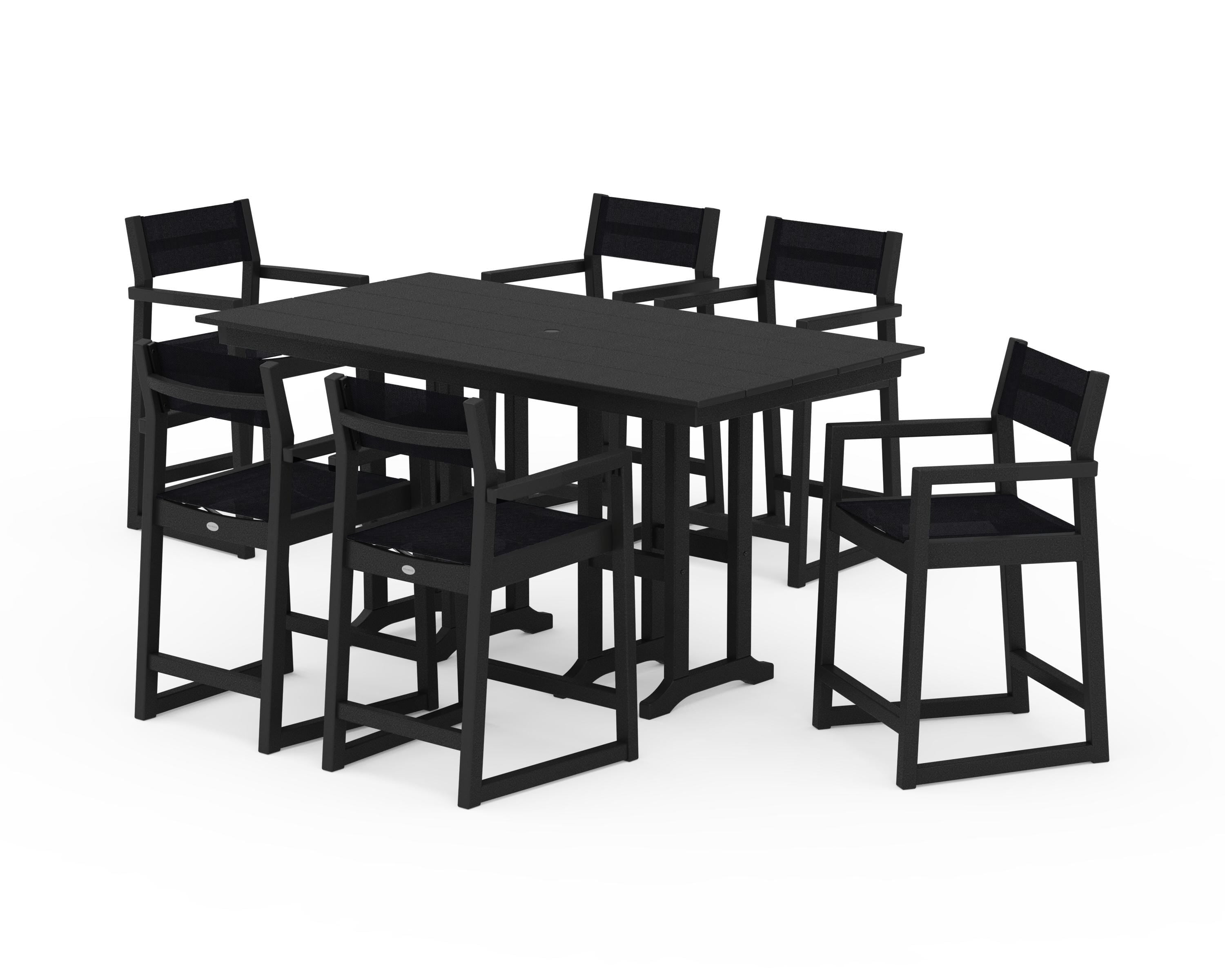 POLYWOOD EDGE Sling Arm Chair 7-Piece Farmhouse Counter Set in Black / Black Sling
