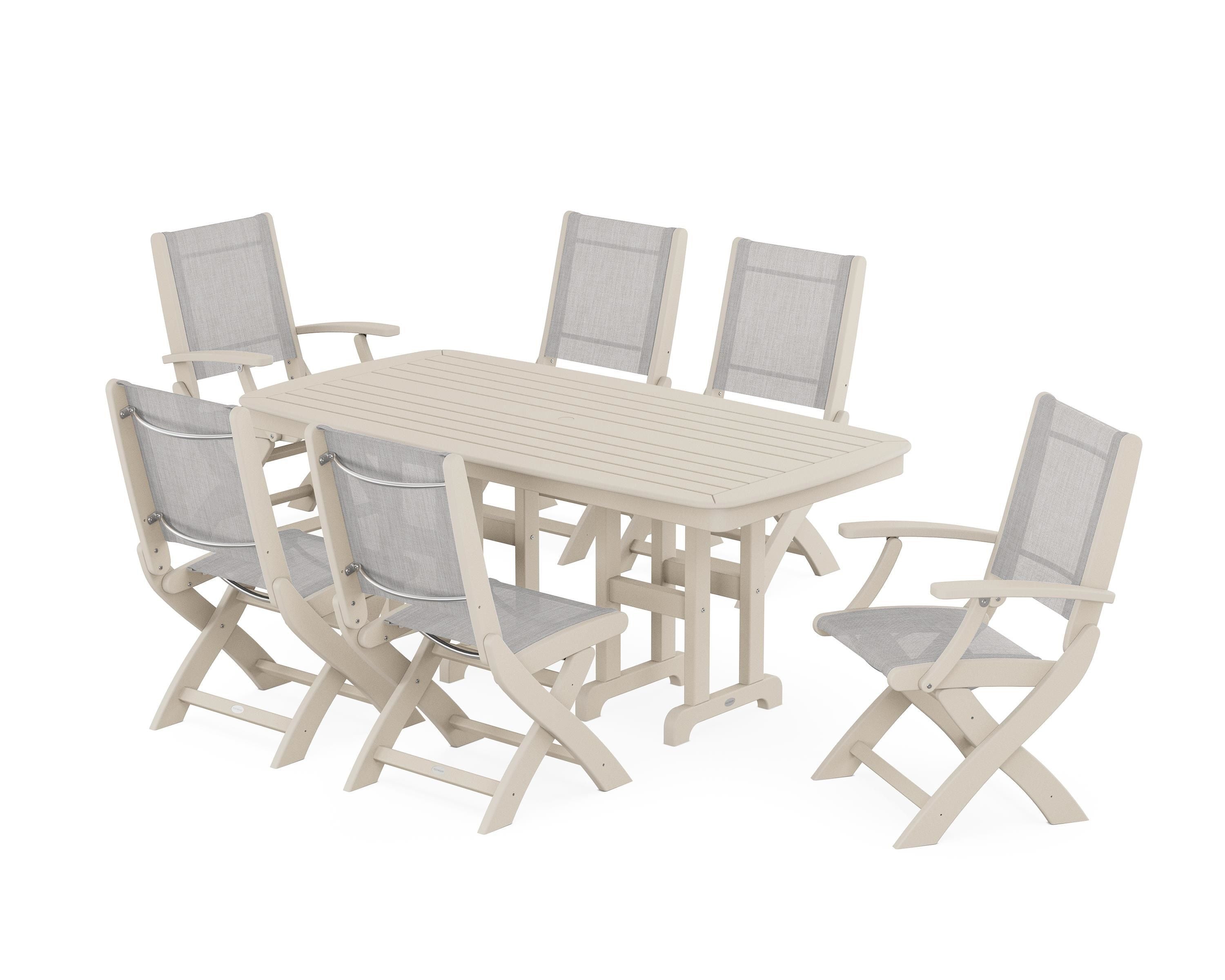 POLYWOOD Coastal Folding Chair 7-Piece Dining Set in Sand / Parchment Sling