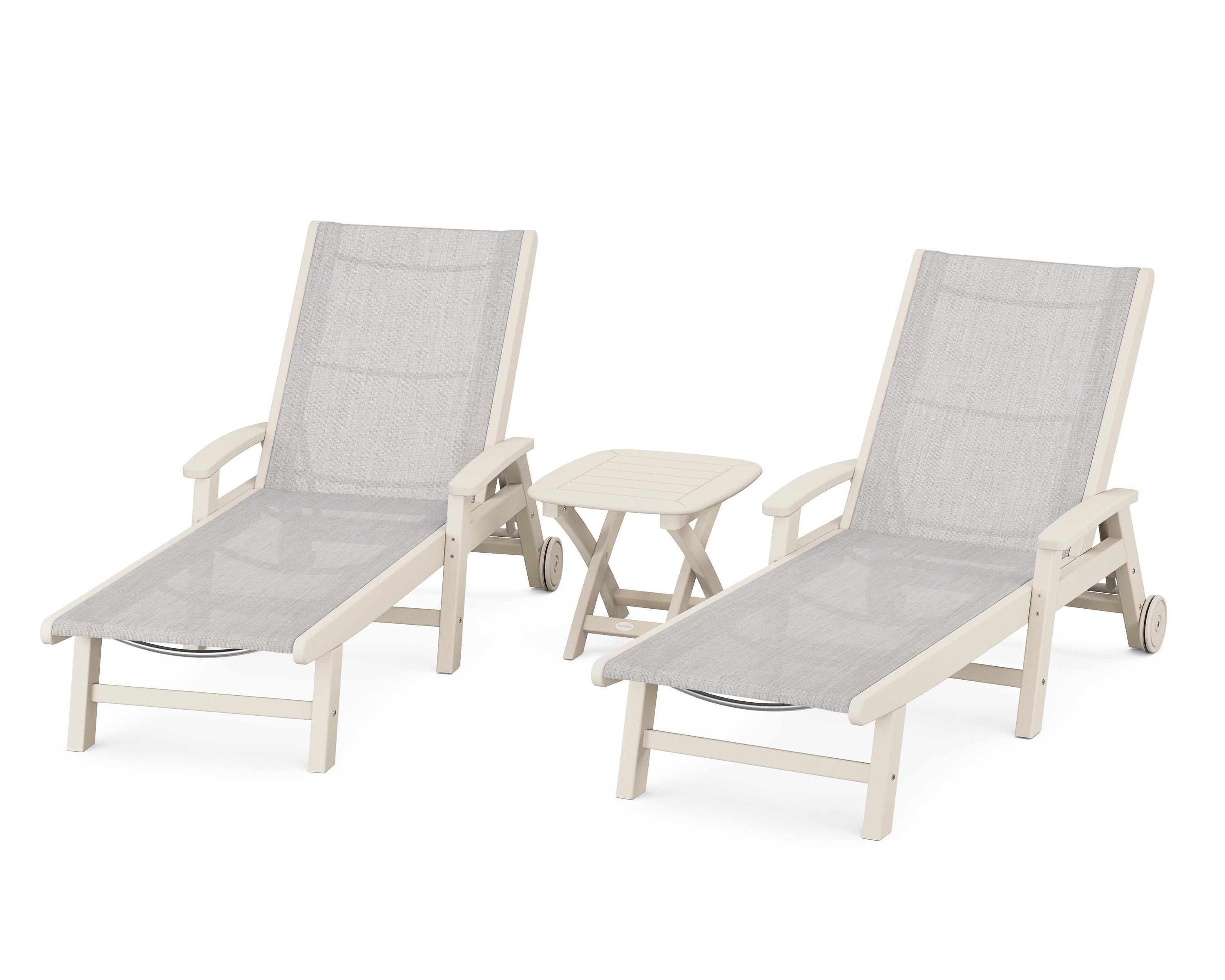 POLYWOOD Coastal 3-Piece Wheeled Chaise Set in Sand / Parchment Sling