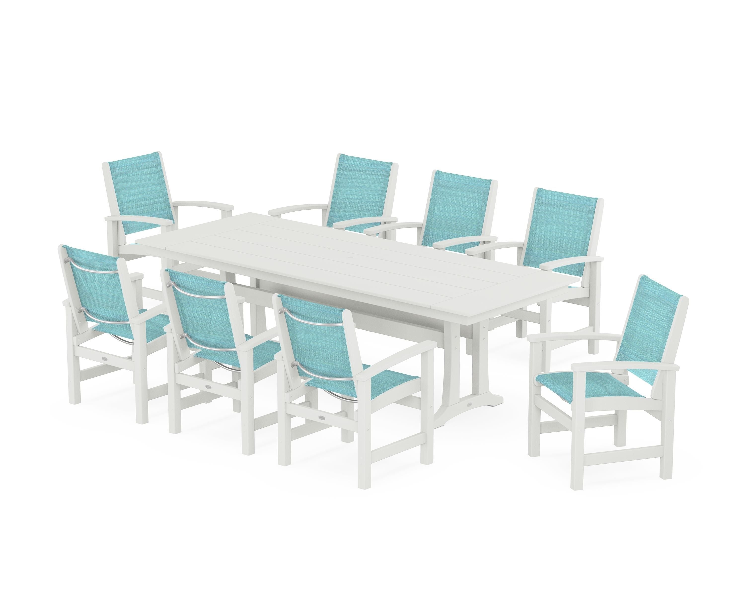 POLYWOOD Coastal 9-Piece Farmhouse Dining Set with Trestle Legs in Vintage White / Dupioni Aquamarine Sling