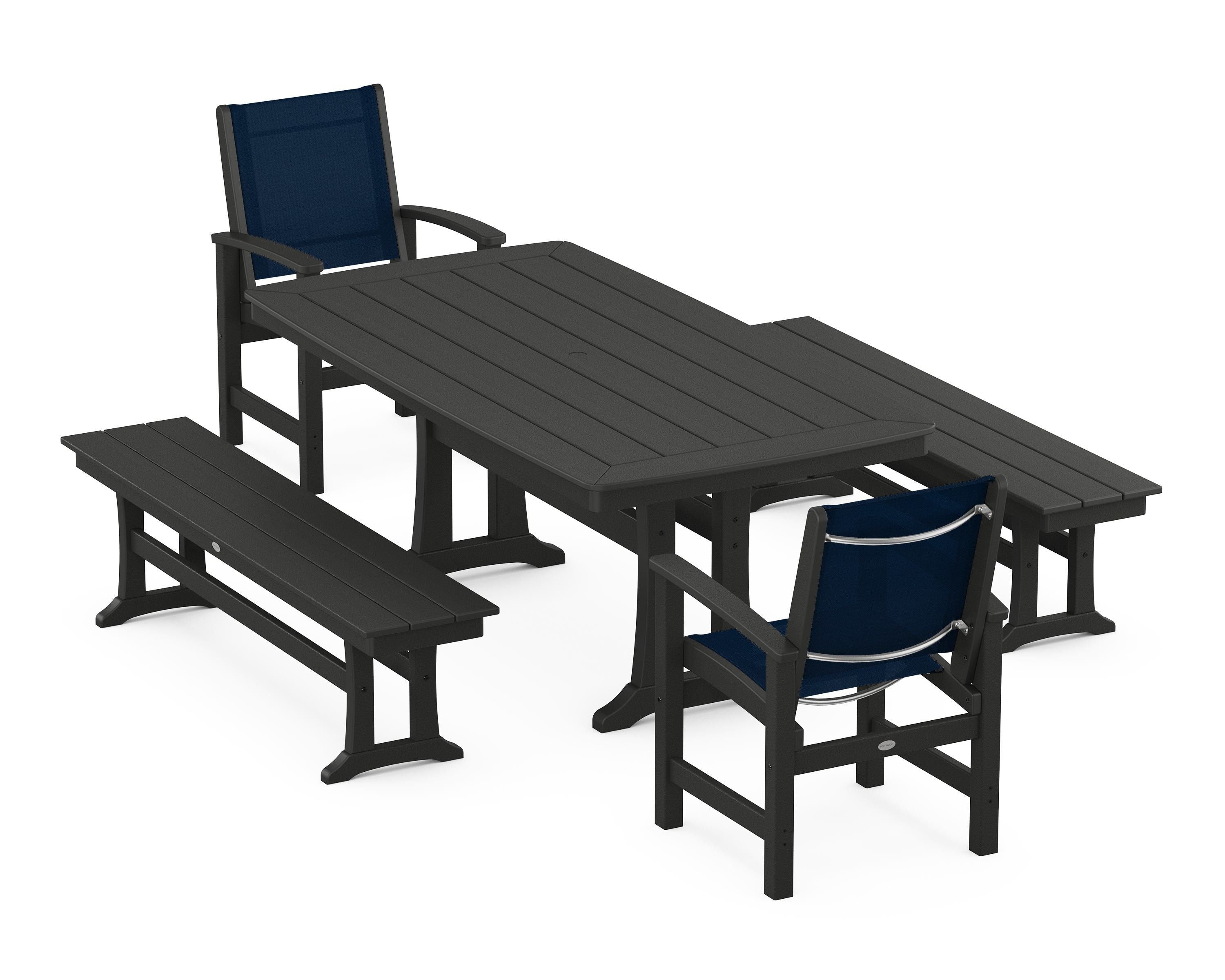 POLYWOOD Coastal 5-Piece Dining Set with Trestle Legs and Benches in Black / Navy Blue Sling