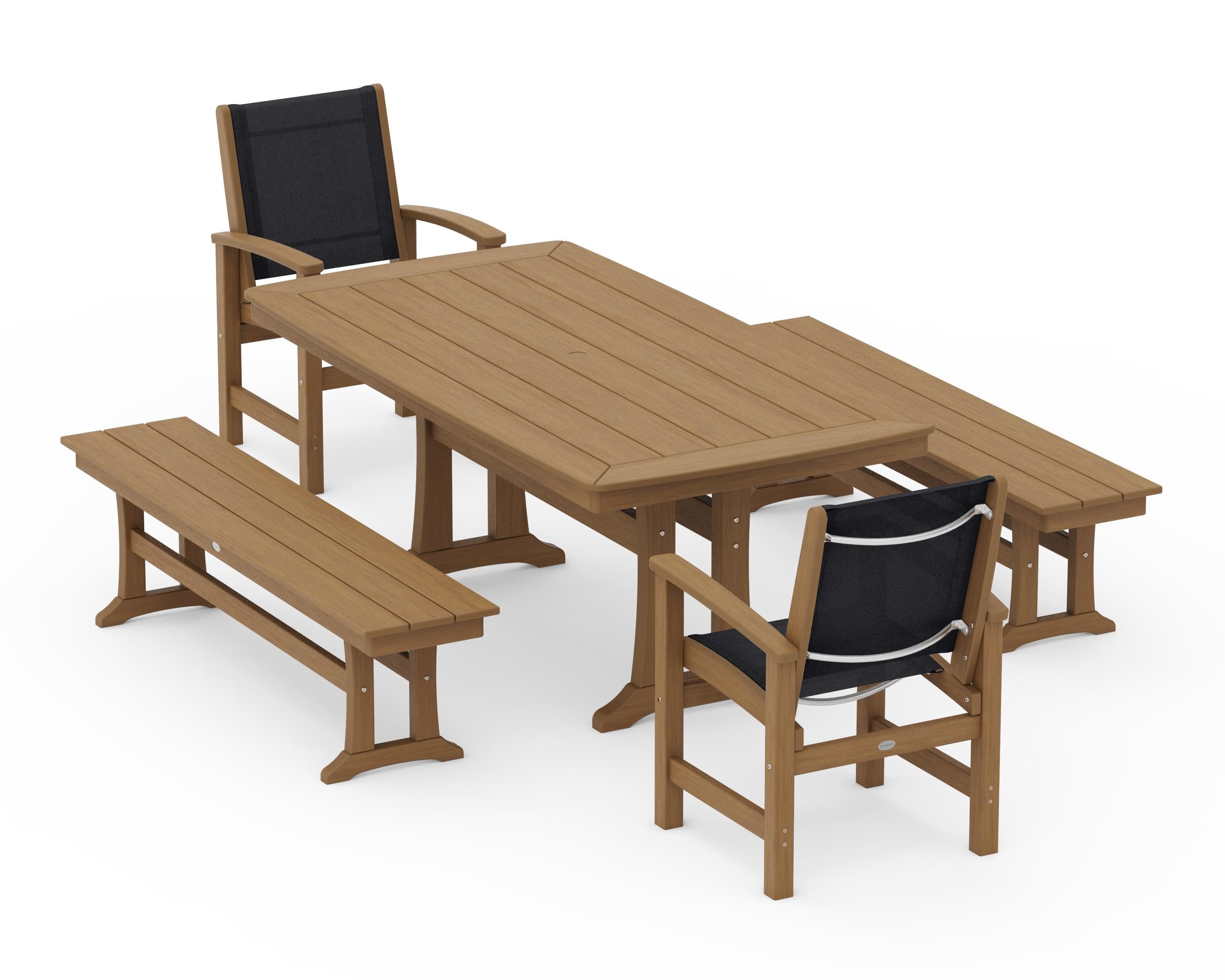 POLYWOOD Coastal 5-Piece Dining Set with Trestle Legs and Benches in Natural / Black Sling