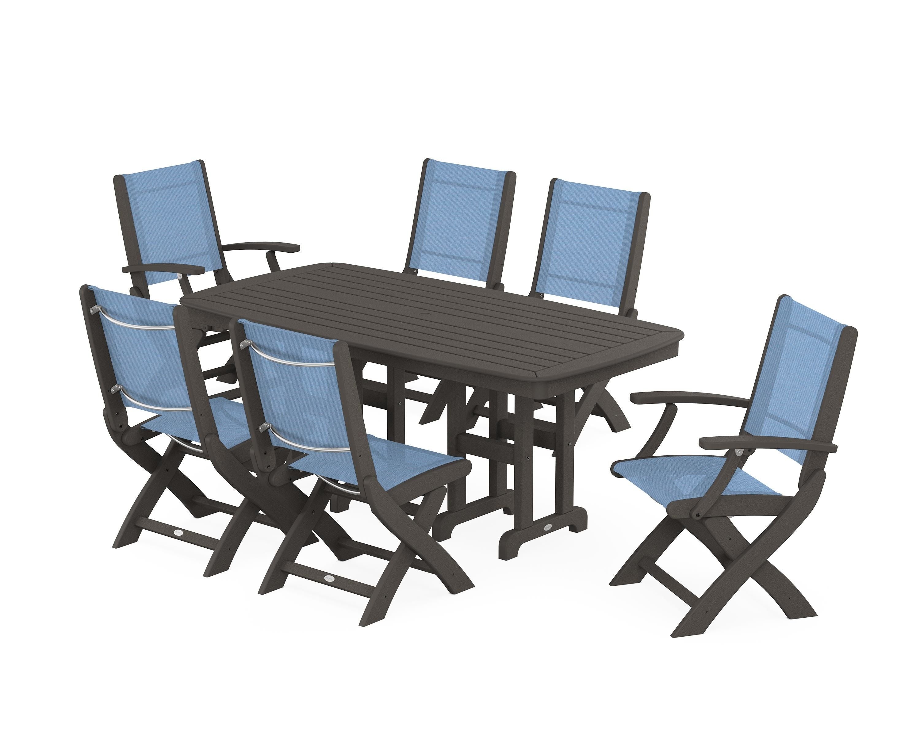 POLYWOOD Coastal Folding Chair 7-Piece Dining Set in Vintage Coffee / Poolside Sling