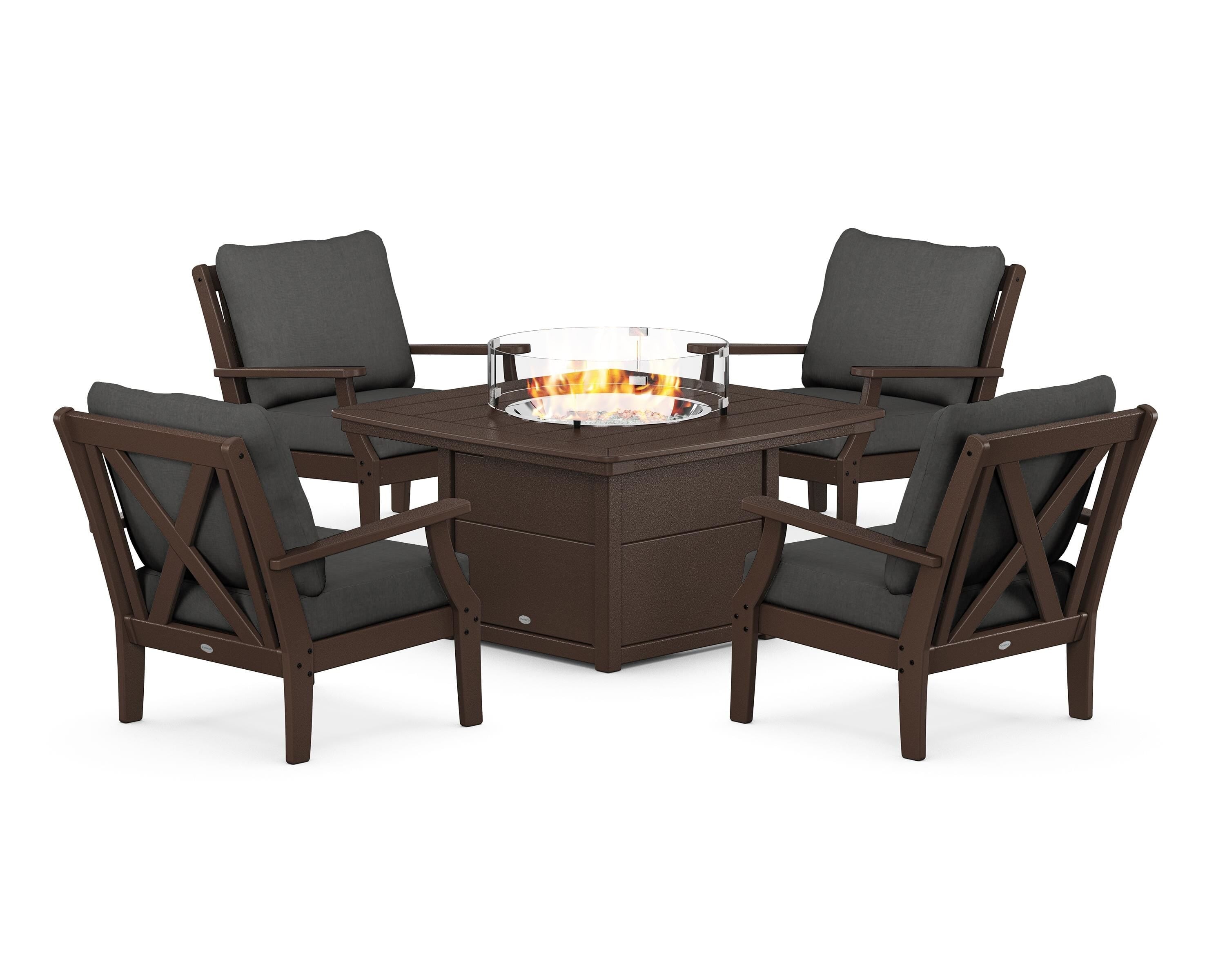 POLYWOOD Braxton 5-Piece Deep Seating Conversation Set with Fire Pit Table in Mahogany / Spectrum Carbon