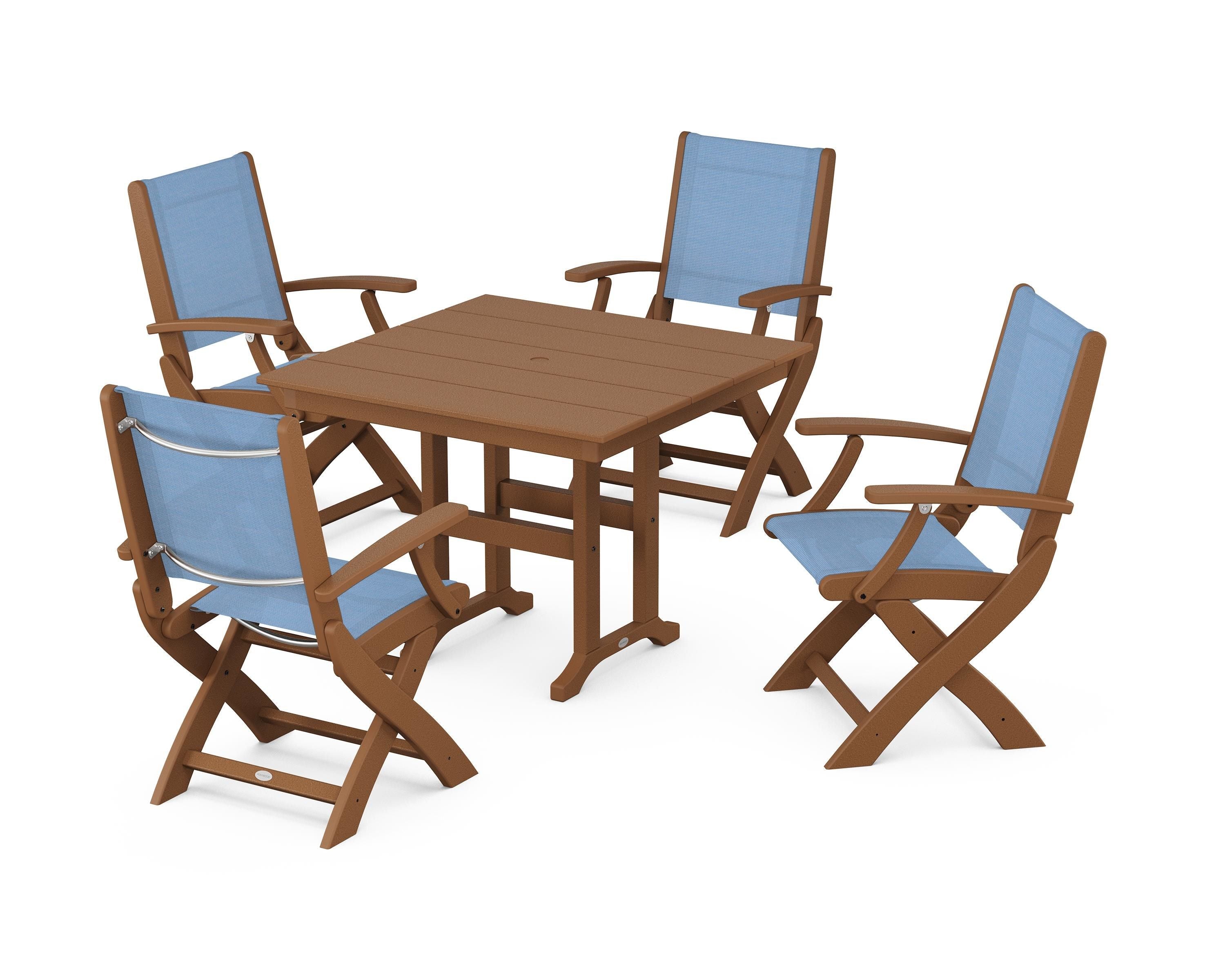 POLYWOOD Coastal Folding Chair 5-Piece Farmhouse Dining Set in Teak / Poolside Sling