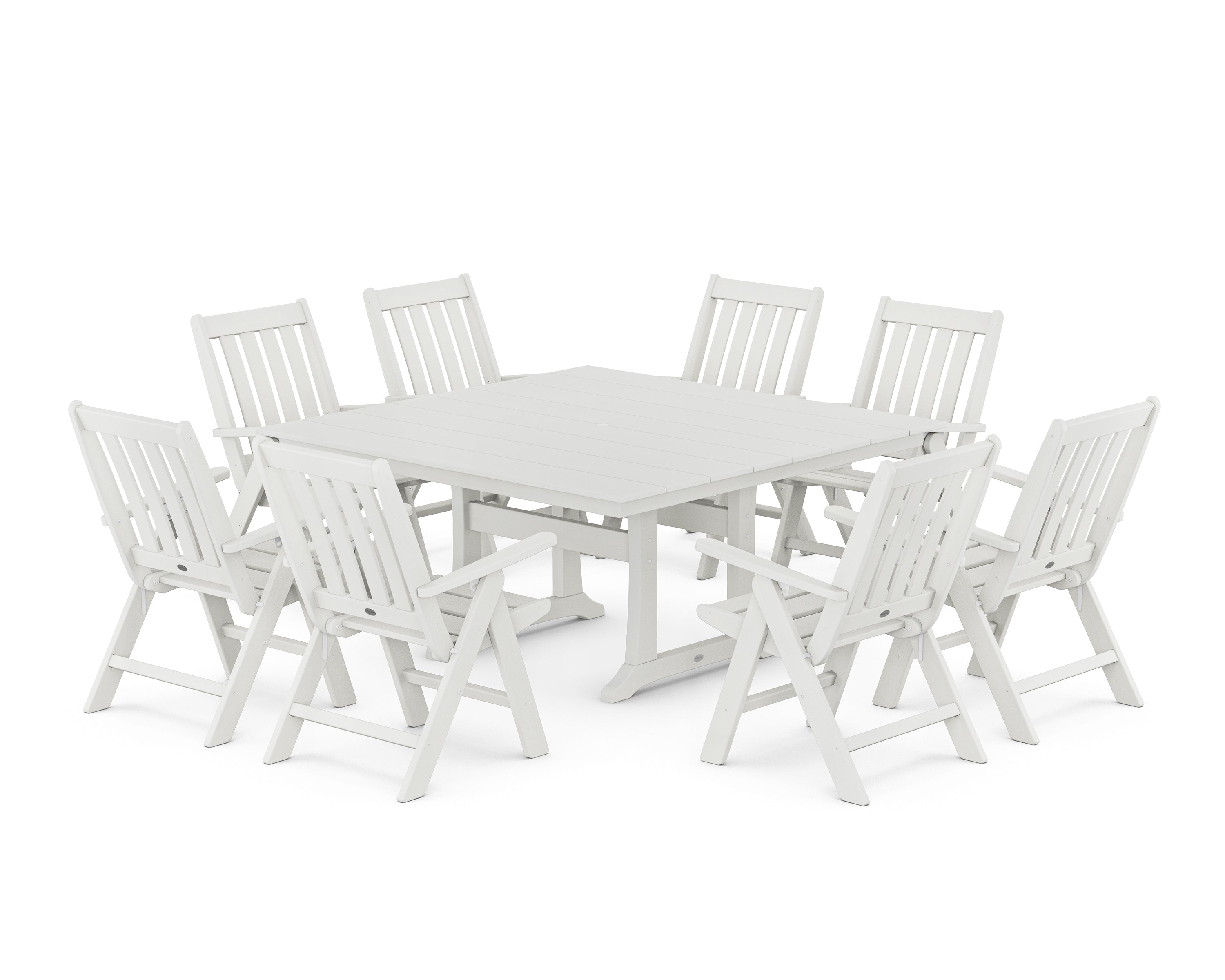POLYWOOD Vineyard Folding Chair 9-Piece Square Farmhouse Dining Set with Trestle Legs in Vintage White