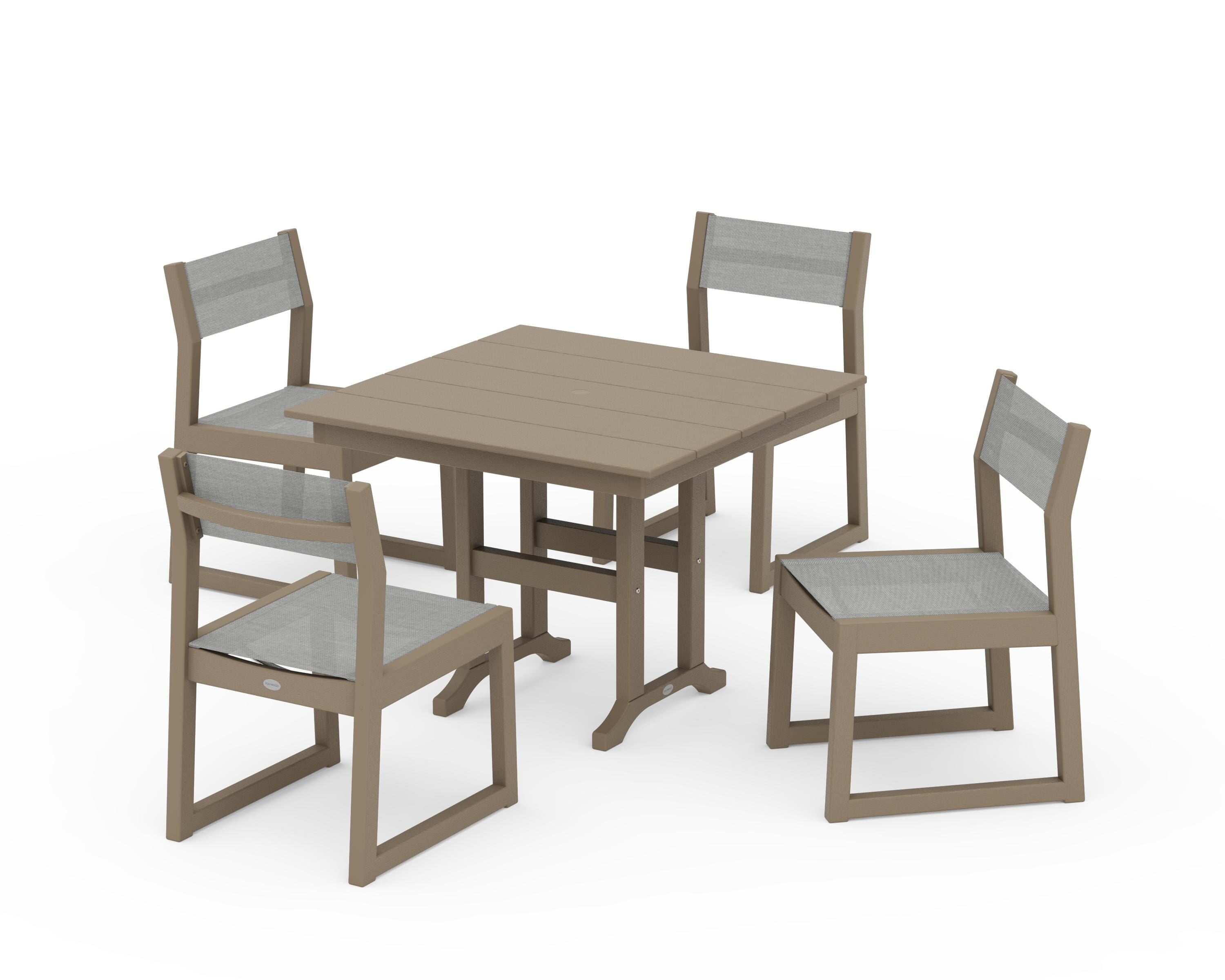 POLYWOOD EDGE Sling Side Chair 5-Piece Farmhouse Dining Set in Vintage Sahara / Metallic Sling